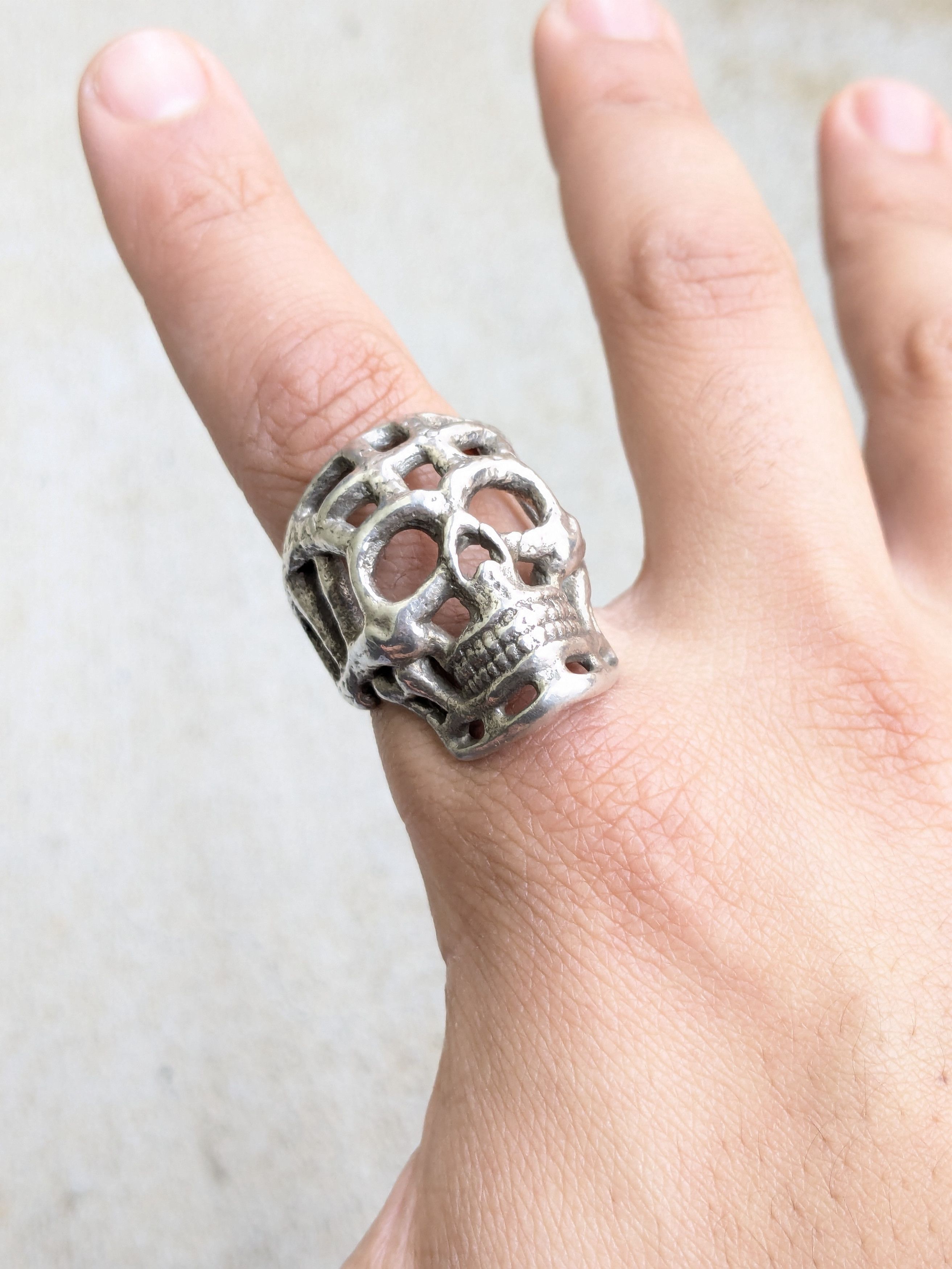 Other Vintage Sterling Silver Skull Ring 11.25 Biker Punk Skeleton Size ONE SIZE - 12 Thumbnail
