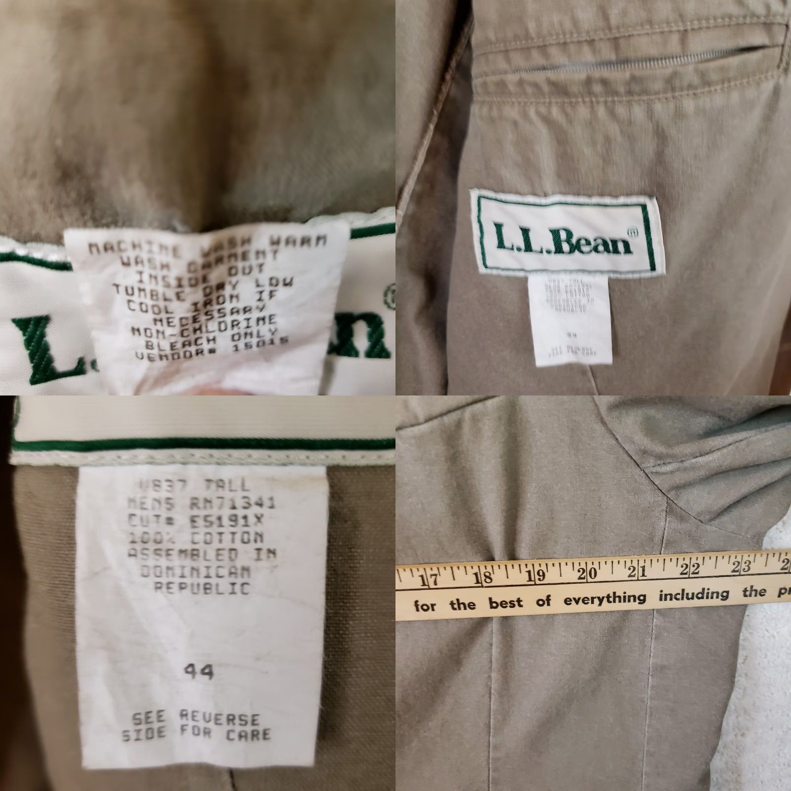 Vintage L.L. Bean Blazer Sport Coat Khaki Unlined 2 Button Front 44L Long Mens Cadet Regular Cotton Twill Jacket Size 44R - 10 Thumbnail