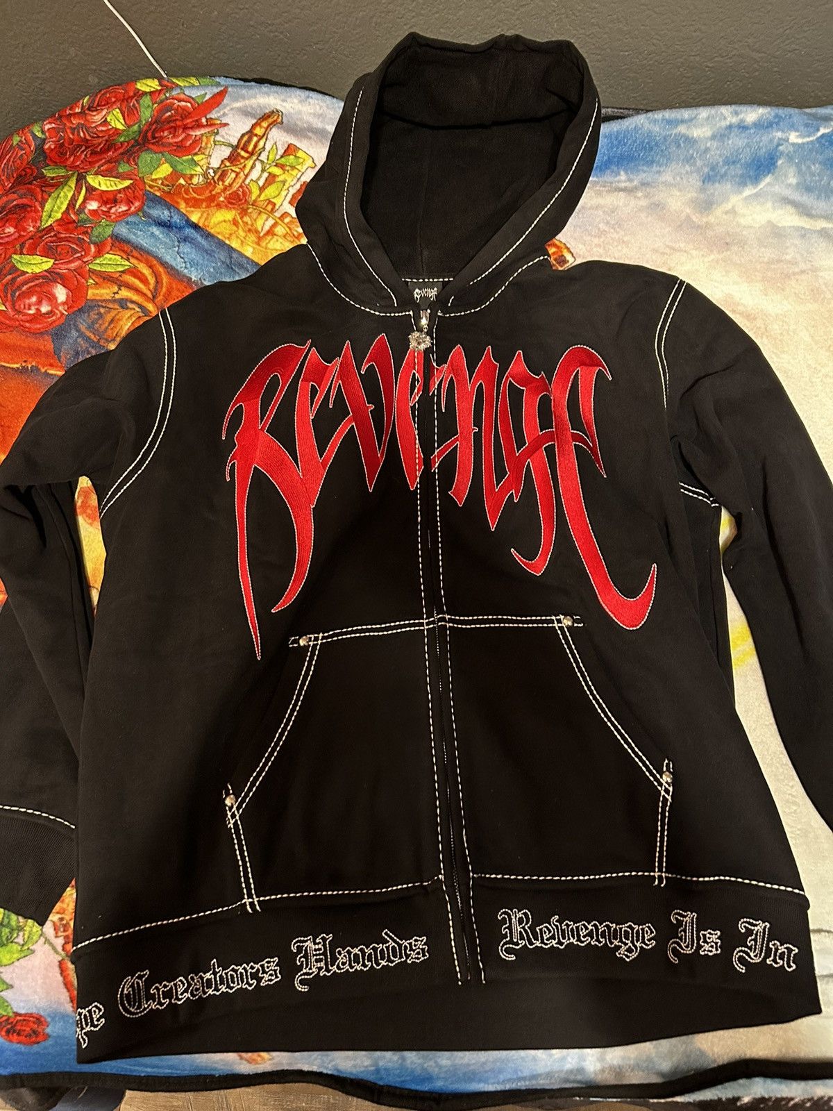 image of Revenge Contrast Embroidered Zip Hoodie Black/red, Men's (Size 2XL)