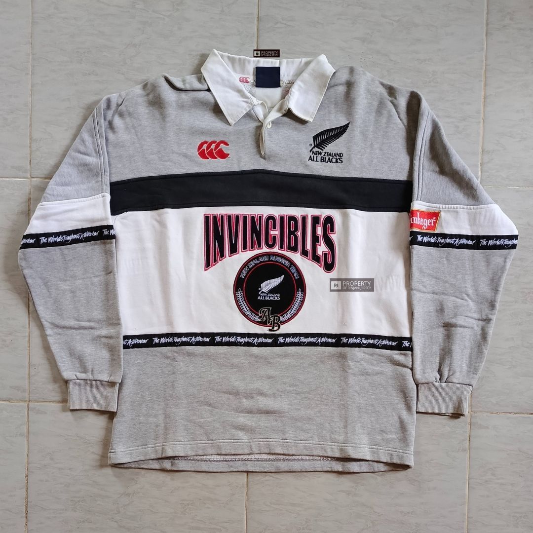 image of Canterbury Of New Zealand x Vintage All Blacks Invisible Steinlager Rugby Jersey in Brown/White (Si