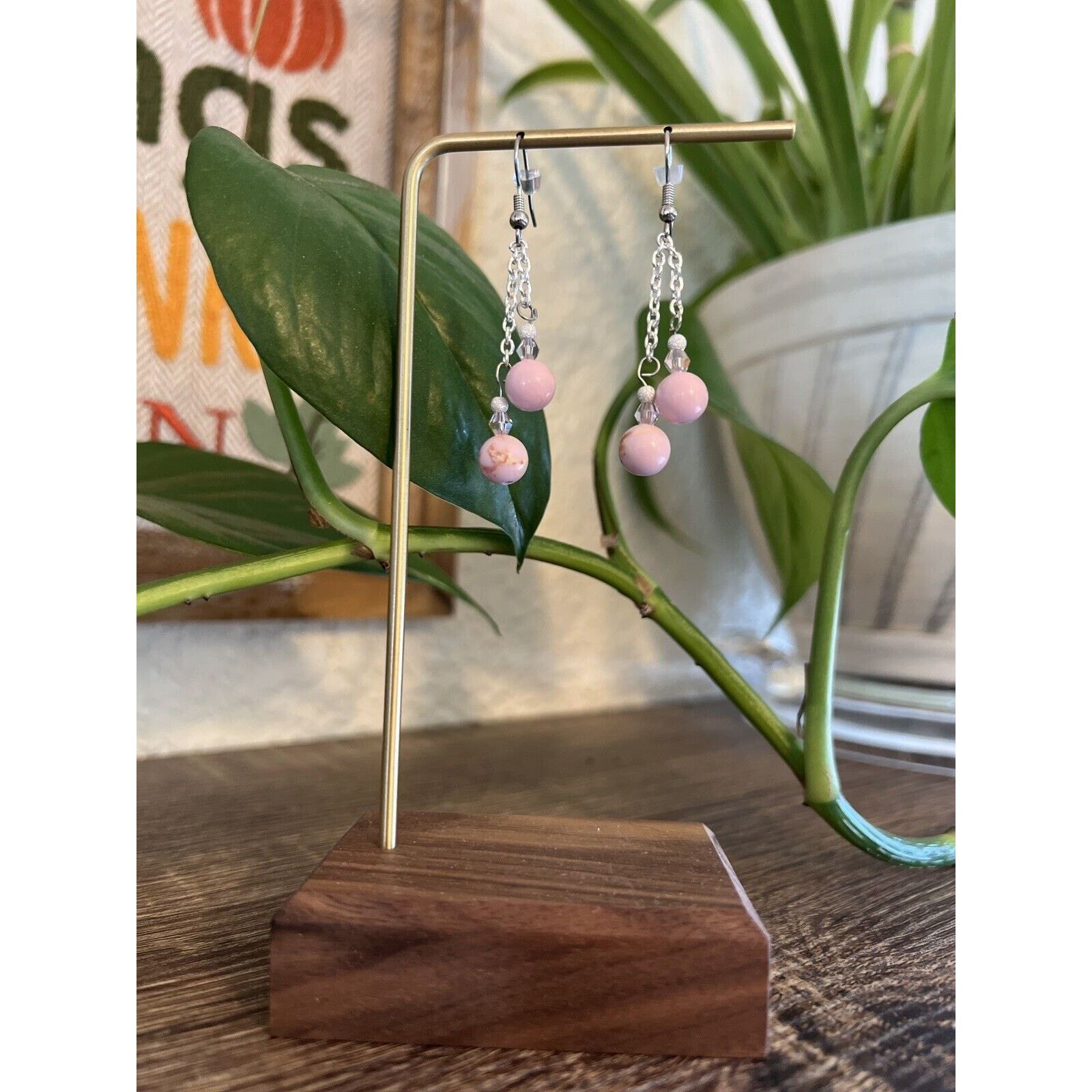 Handmade Pink Turquoise Crystal Beaded Drop Dangle Earrings Hook Size ONE SIZE - 1 Thumbnail
