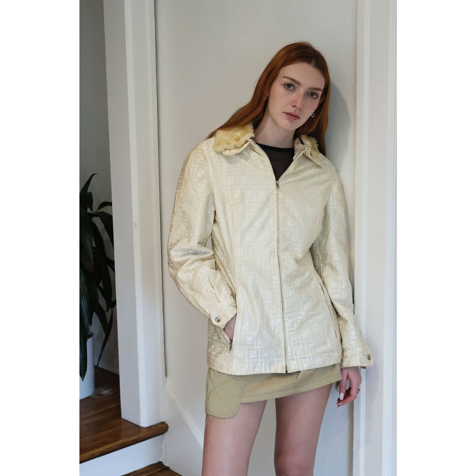 image of Vintage Fendi Zucca Cream Nylon Hourglass Ski Jacket in White, Women's (Size Medium)