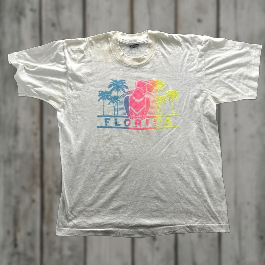 Vintage VINTAGE Florida Shirt Mens XL White Neon Dog Palm Trees Graphic Souvenir Beach T-Shirt Crew Neck Graphic Print 65% Cotton 35% Polyester Size US XL / EU 56 / 4 - 1 Thumbnail