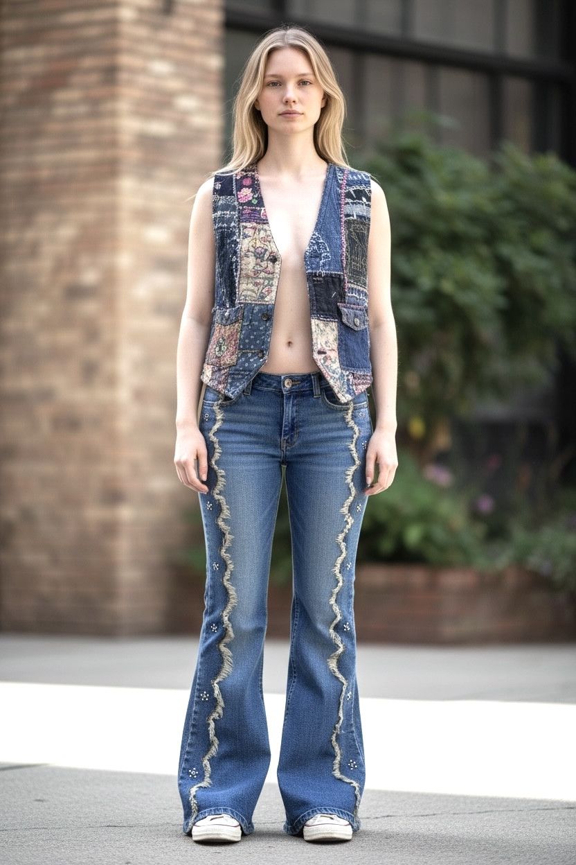Fashion Victim UNIFEEL Gemstones Studded Frayed Stretch Denim Flare Jeans Size 28" / US 6 / IT 42 - 1 Thumbnail