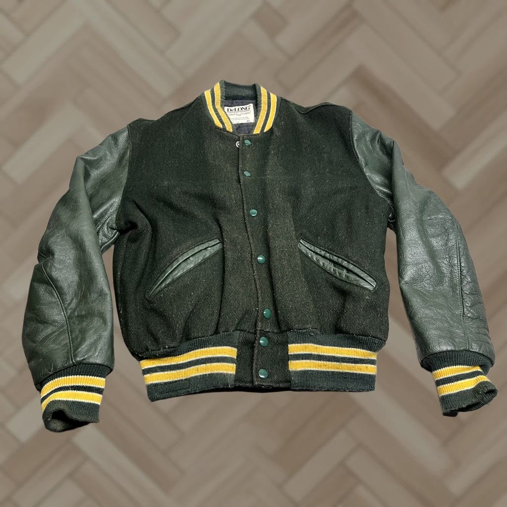 Vintage DeLONG Varsity Jacket Wool / Leather ISA Made Green Yellow Green Bay Packers 40 Mens Jacket Vintage 70s 80s 90s Size US XXS / EU 40 - 1 Thumbnail