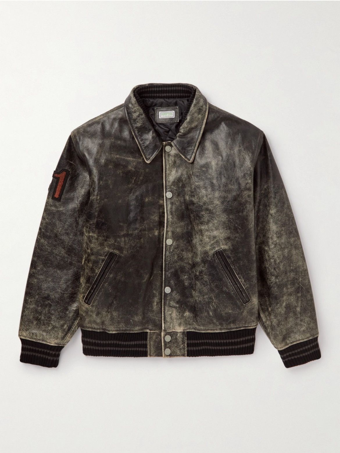 image of Guess Appliquéd Distressed Leather Varsity Jacket in Brown, Men's (Size Small)