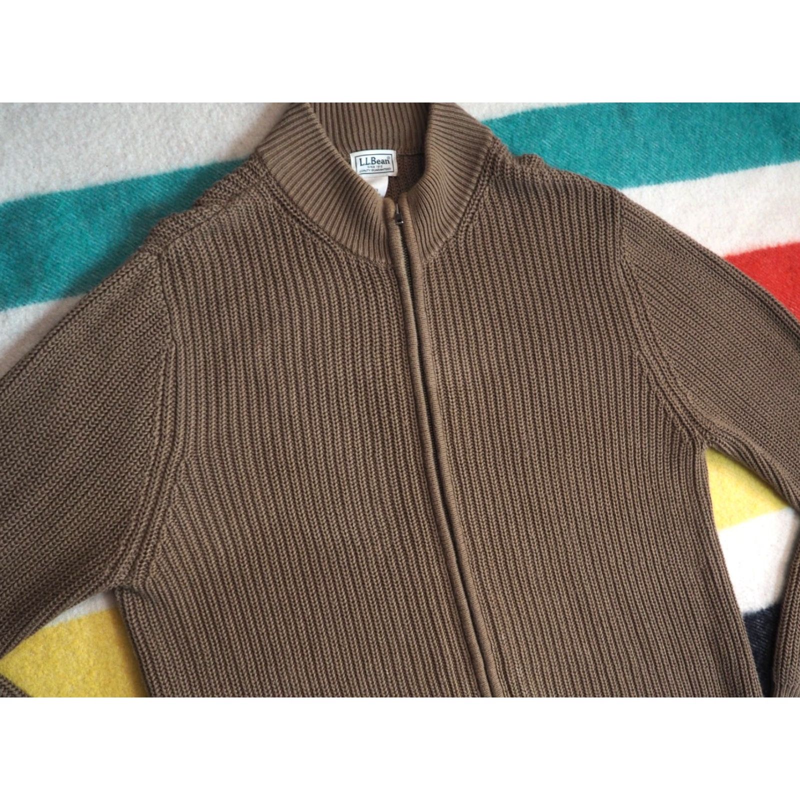 Vintage VINTAGE L.L. Bean Sweater Full Zip Army Brown Full Zip Mens L Brown Cotton Ribbed Knit Crew Neck Army Size US L / EU 52-54 / 3 - 3 Thumbnail