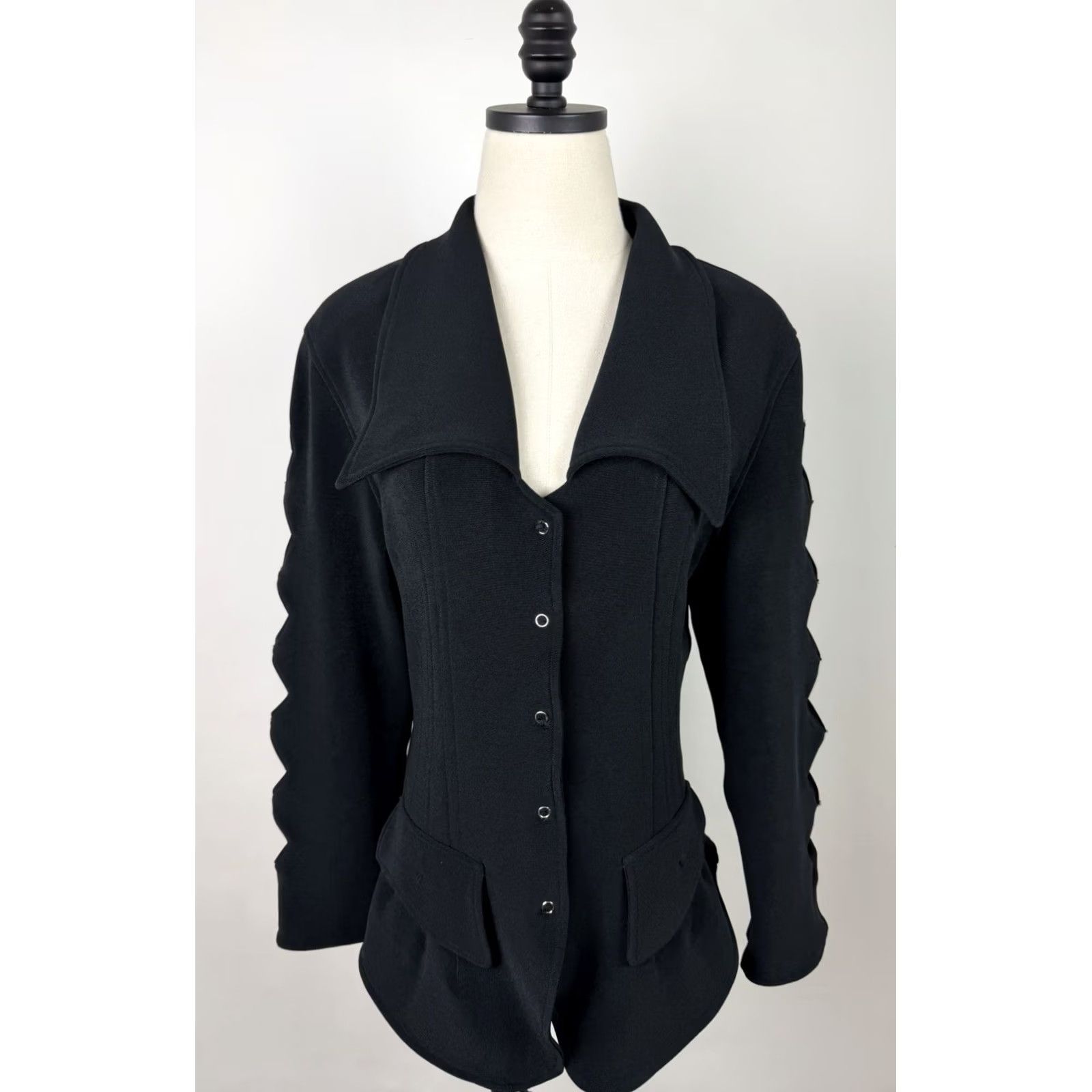 Vintage VINTAGE Etoile Blazer Shirt Womens Large Dark Black 90s Harlequin Diamond Cutouts Wide Collar Shoulder Pads Grunge Retro 90s Size L / US 10 / IT 46 - 2 Thumbnail