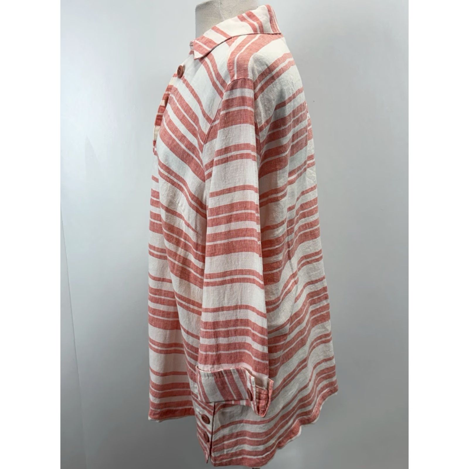 Vintage John Mark Tunic Top Short Women's XL 100% Linen Striped Collared Button-Up Pink White Lagenlook Coastal Size XL / US 12-14 / IT 48-50 - 2 Thumbnail