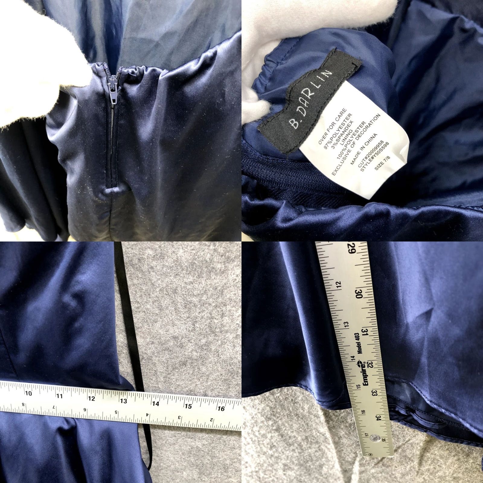 Vintage B. Darlin Satin Dress Size 7/8 Dark Blue Cut Out Lace Back Fit Flare Padded Cami Size M / US 6-8 / IT 42-44 - 8 Thumbnail