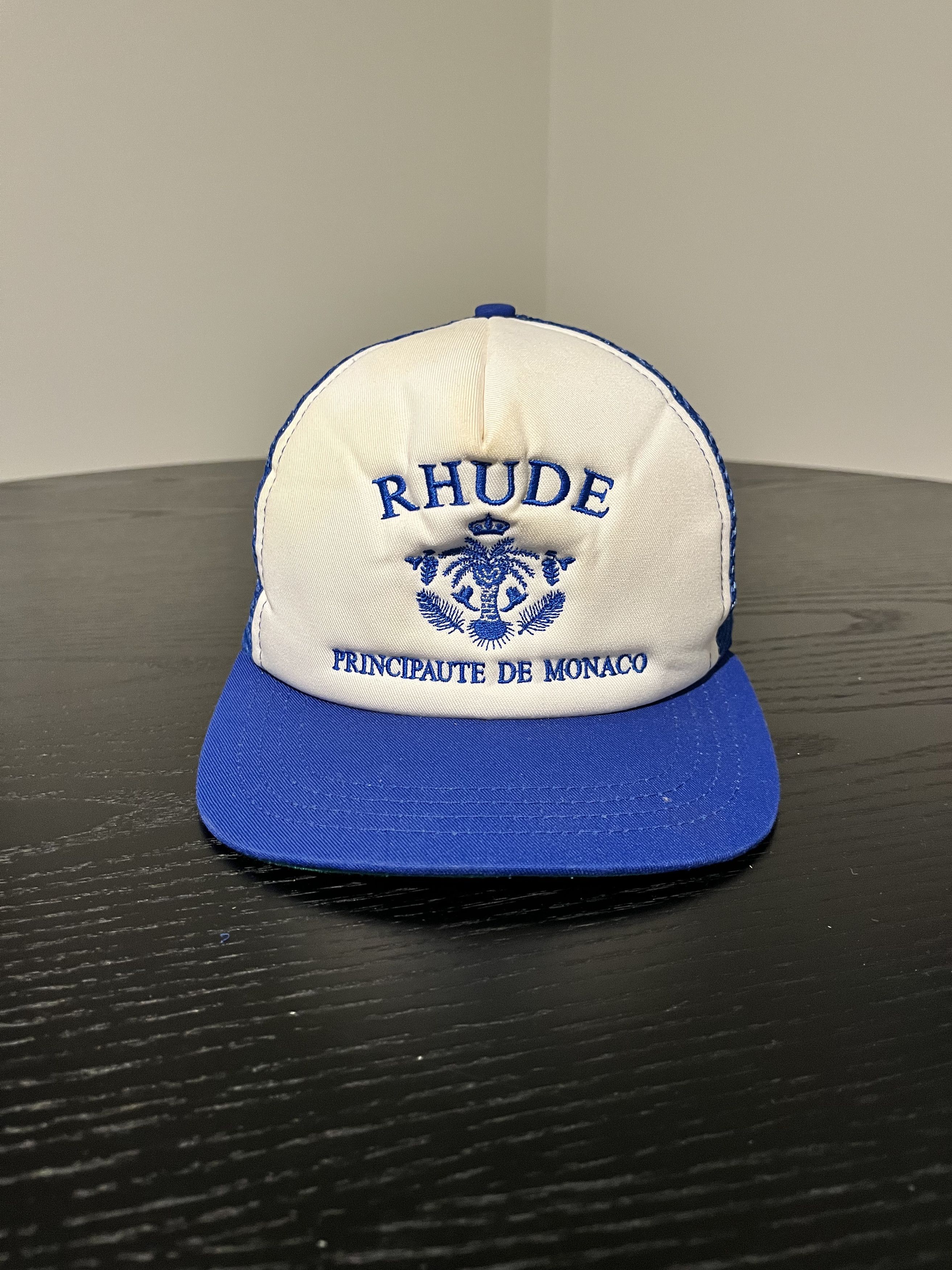 image of Rhude De Monaco Trucker Hat in White Blue Green, Men's