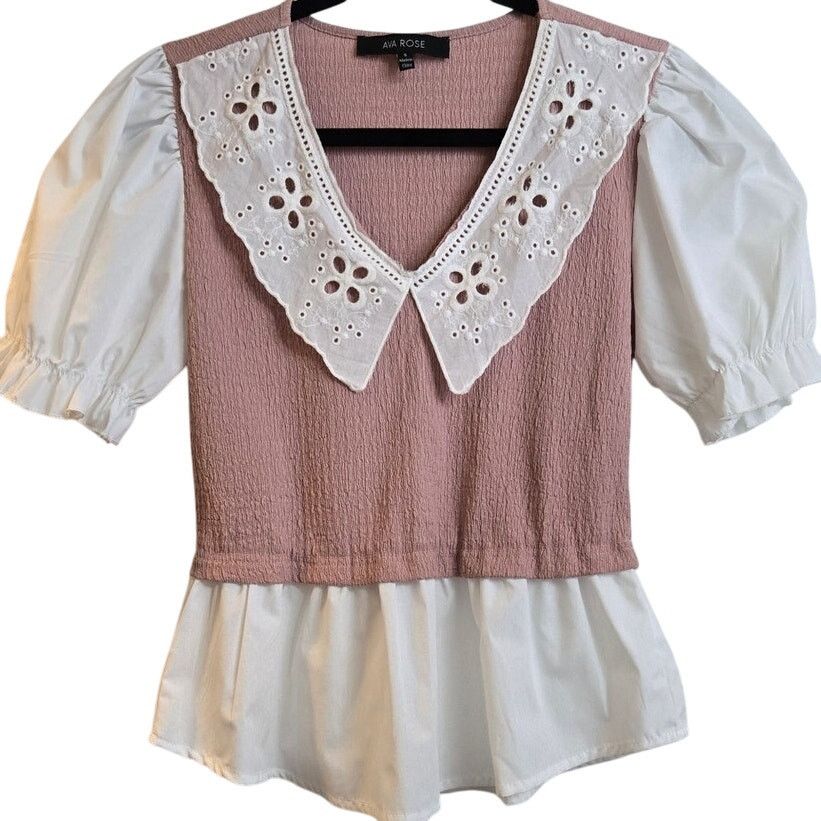 Other Women’s Puff Sleeve Knit Blouse Small Contrast Peplum Size S / US 4 / IT 40 - 1 Thumbnail