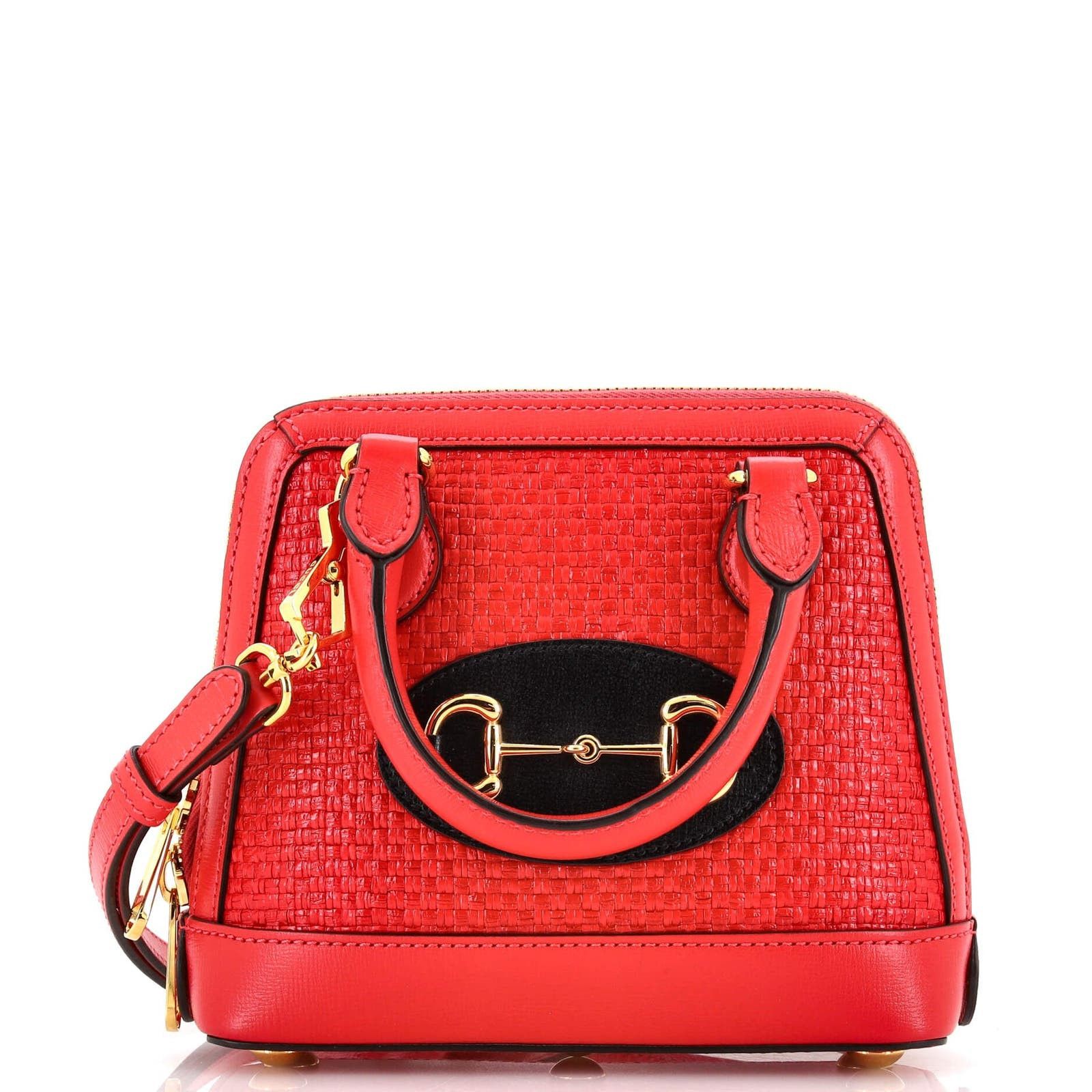 image of Gucci Horsebit 1955 Top Handle Bag Raffia Mini in Red, Women's