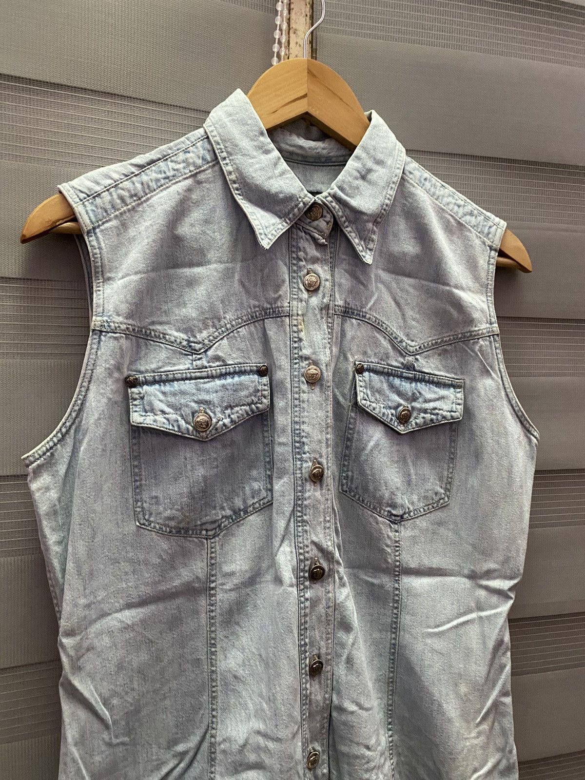 Versace Blue La Greca Medusa Denim Sleeveless Jacket