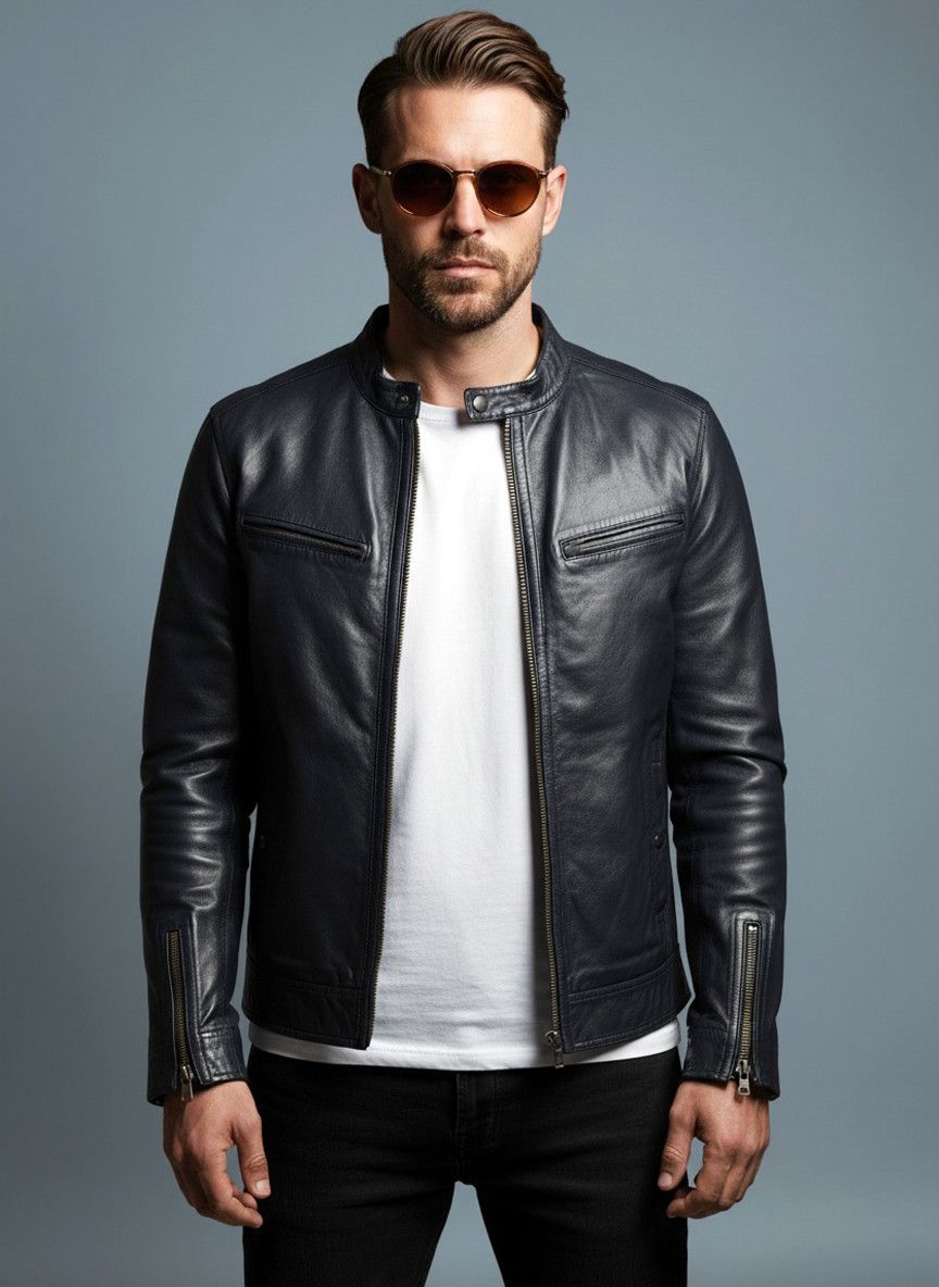 Asos Asos men's dark blue leather cafe racer jacket Size US XL / EU 56 / 4 - 1 Thumbnail