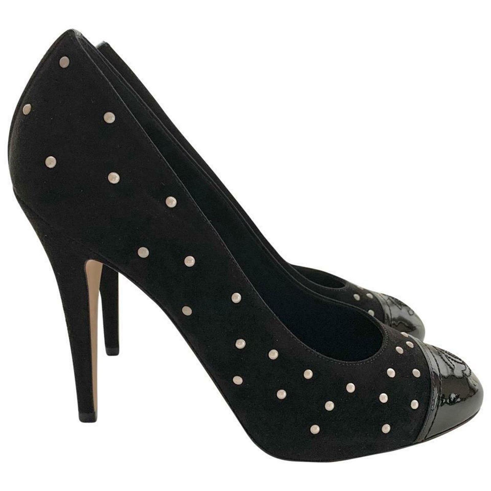 Chanel G33422 BLACK SUEDE PATENT LEATHER CAP TOE PEARLS PUMPS 39 Size US 9 / IT 39 - 1 Thumbnail