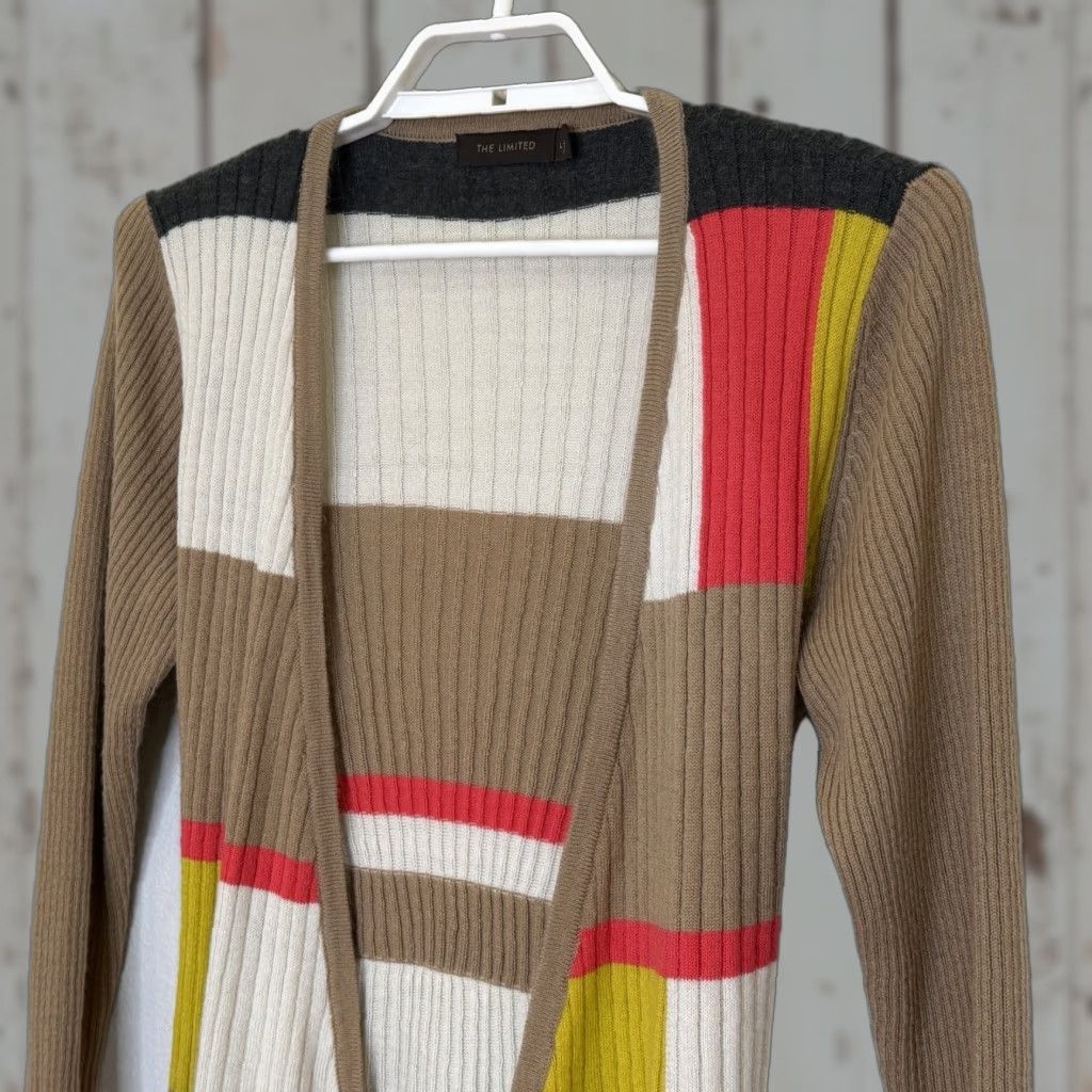 Vintage VINTAGE The Limited Sweater Cardigan Womens Large Tan Stripe Open Front Belted Shirt Womens L Tan Stripe Belted Cardigan The Limited Size L / US 10 / IT 46 - 1 Thumbnail
