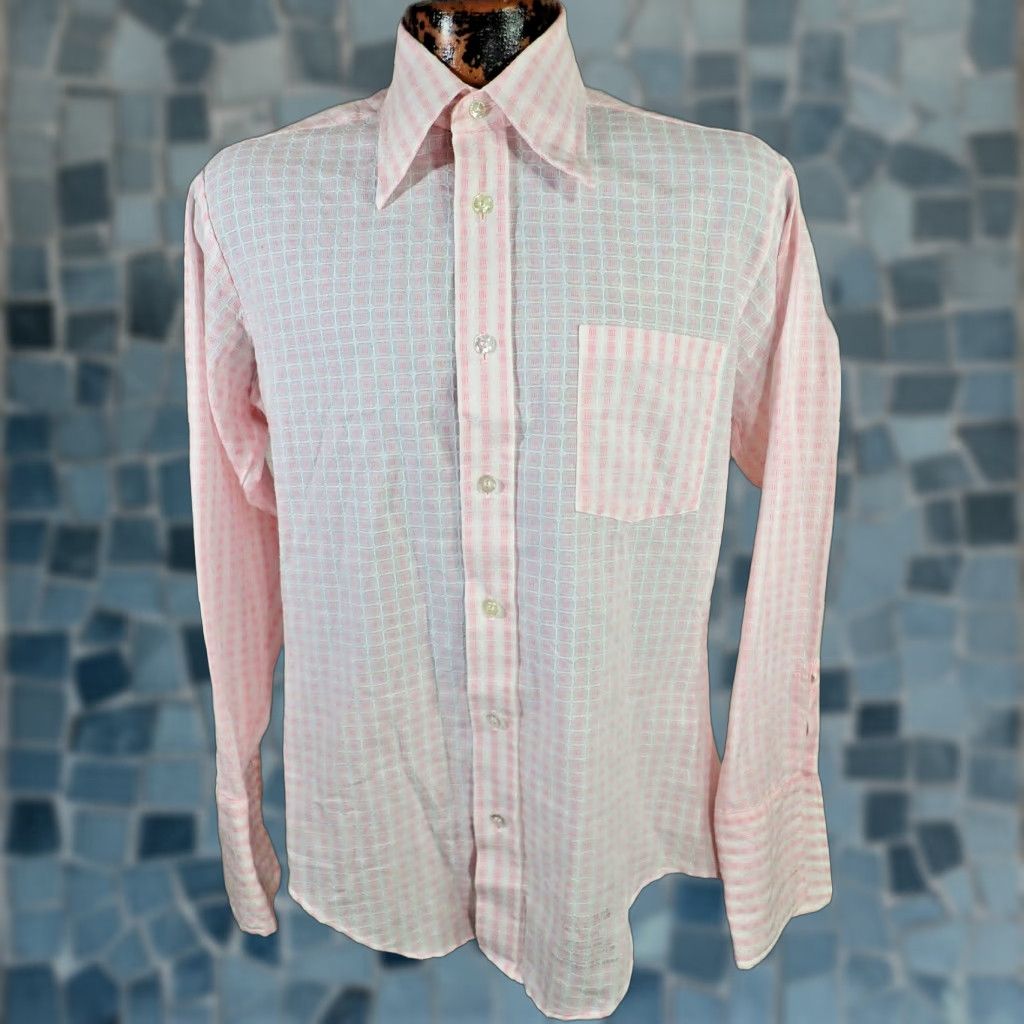 Sears VINTAGE SEARS Perma-Prest Pink White Geometric 70s Shirt Mens M French Cuff Size US M / EU 48-50 / 2 - 1 Thumbnail