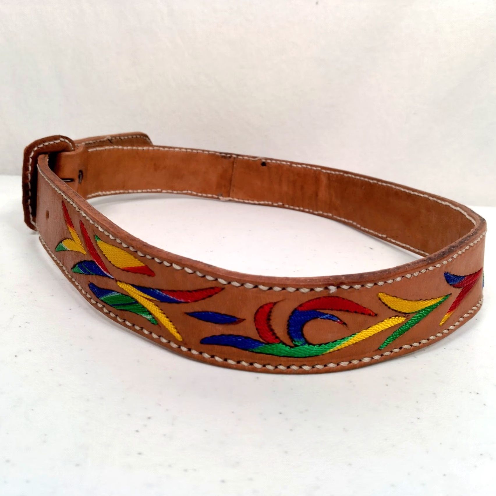 Vintage VINTAGE Leather Belt Women's Adjustable 1 3/8" Brown Embroidered Boho Tribal 30" Size 26-30in Size ONE SIZE - 5 Thumbnail