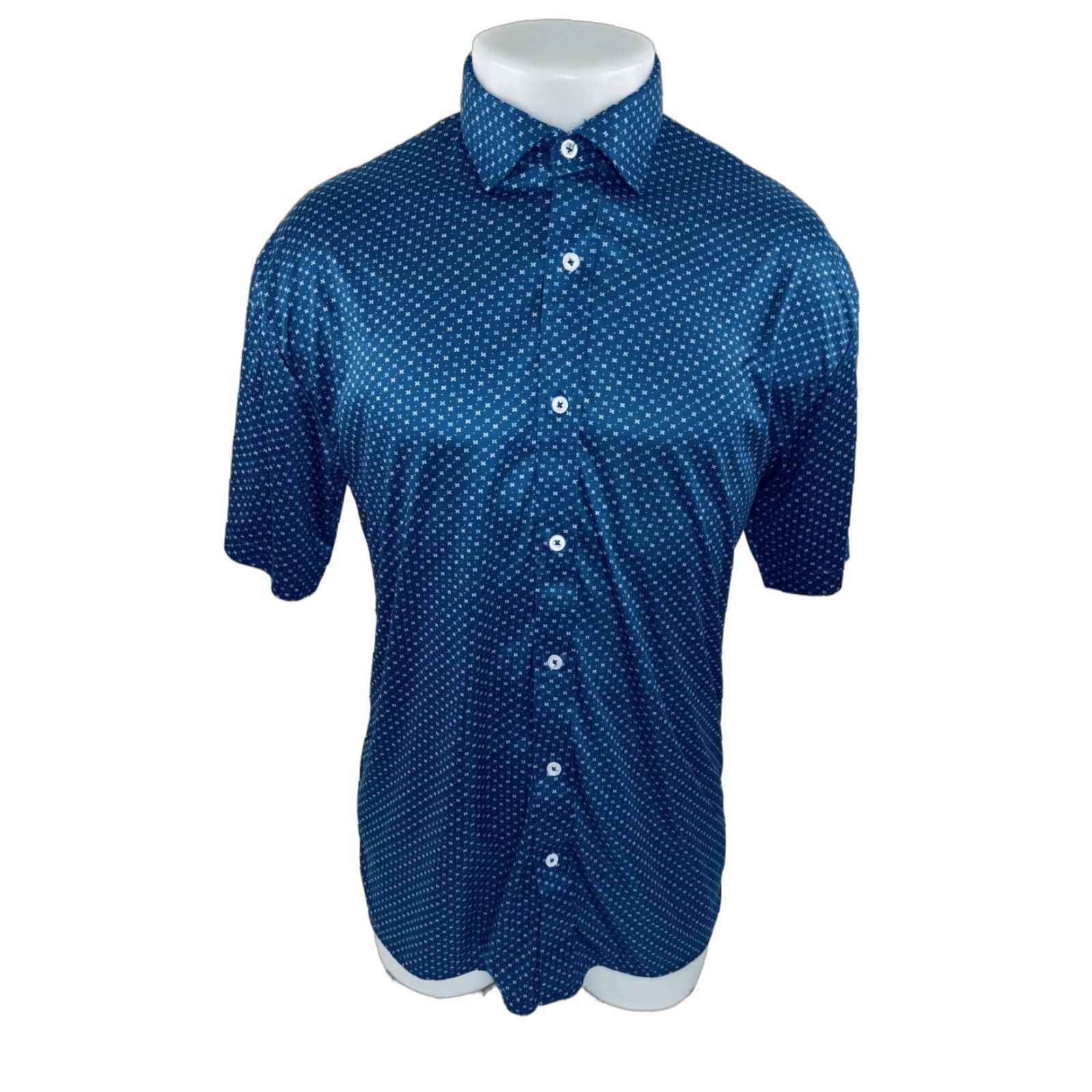 Vintage COLLARS & CO. - Geometric Floral L Dress Collar Polo Shirt - BLUE - Men - Short Sleeve - Button-Up - Regular - Floral Pattern Size 42R - 1 Thumbnail