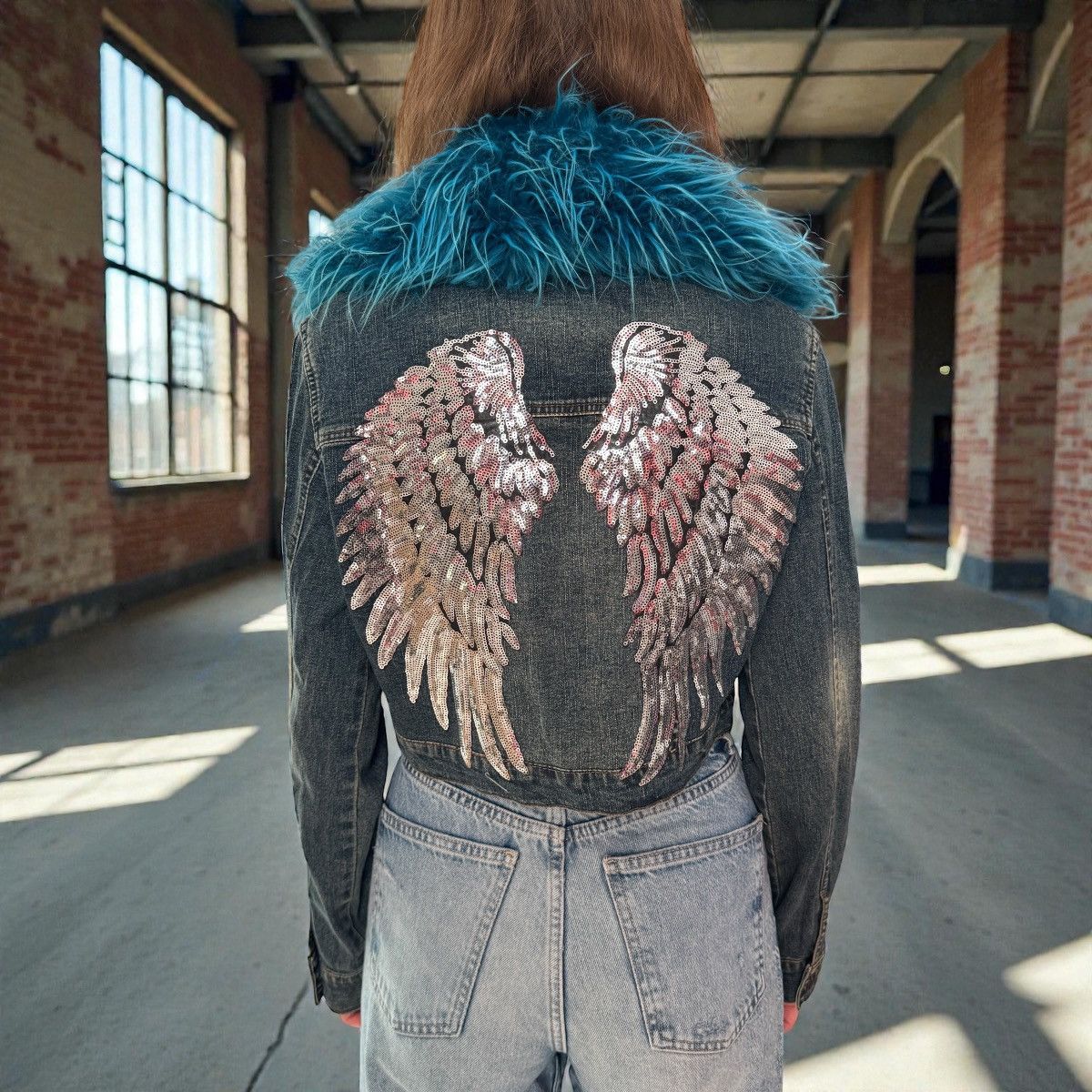 If Six Was Nine Angel Wings Y2K Gothic Vintage Washed Denim Cropped Jacket Size S / US 4 / IT 40 - 1 Thumbnail