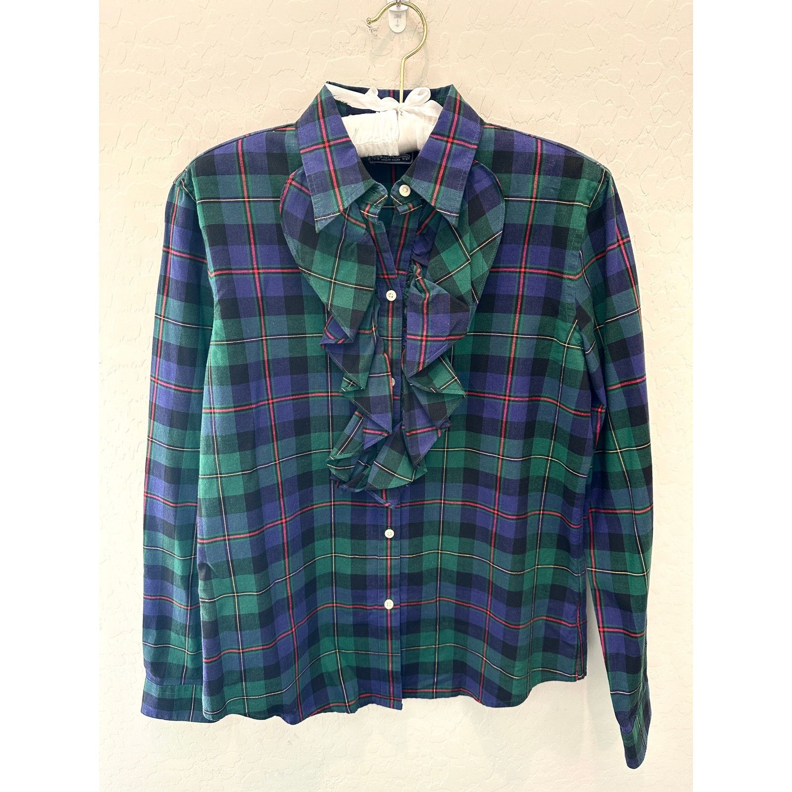 Other AMERICAN LIVING Green Plaid Tuxedo Ruffle Long Sleeve Top Size S / US 4 / IT 40 - 1 Thumbnail