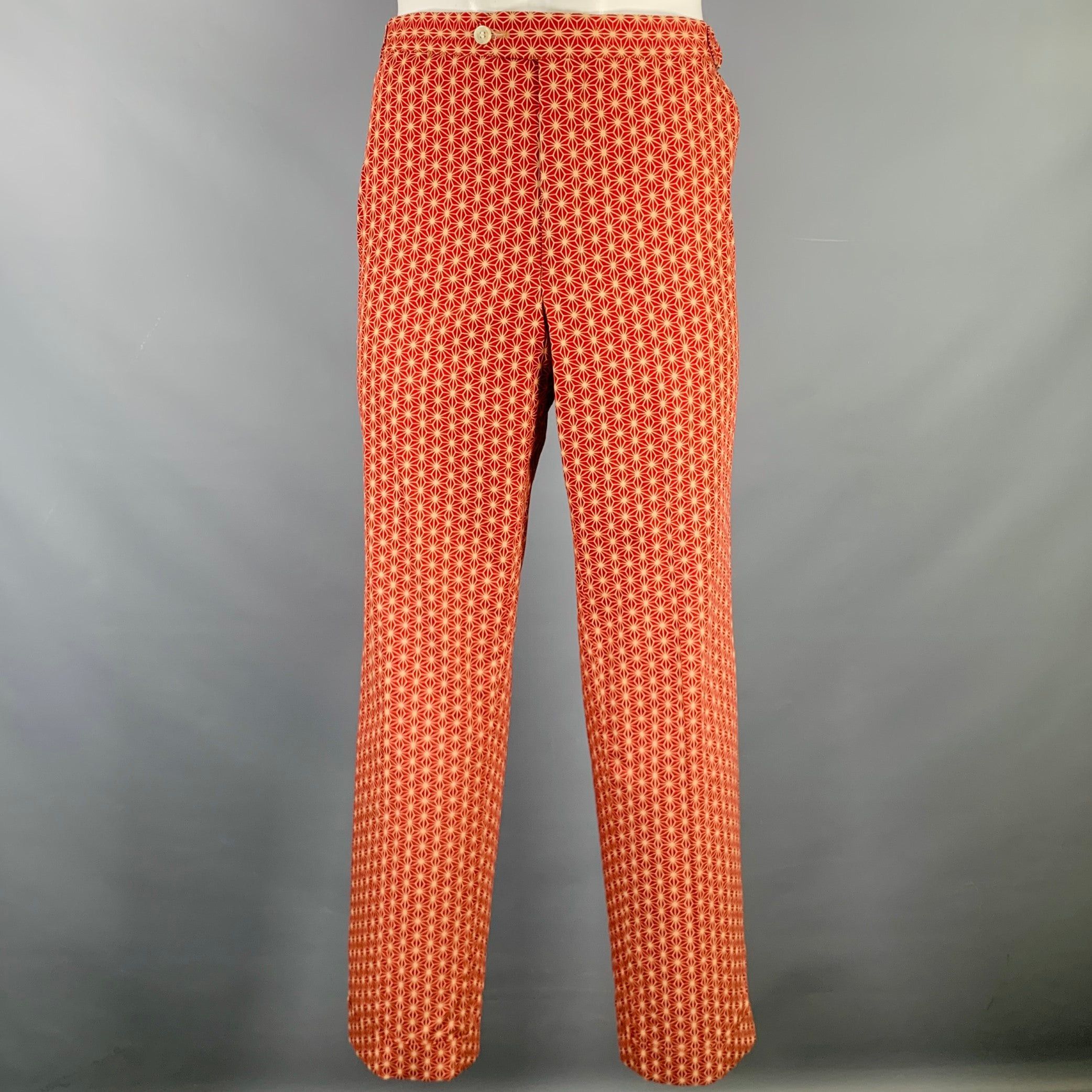 image of Paul Stuart Burgundy Beige Geometric Cotton Zip Fly Dress Pants, Men's (Size 34)