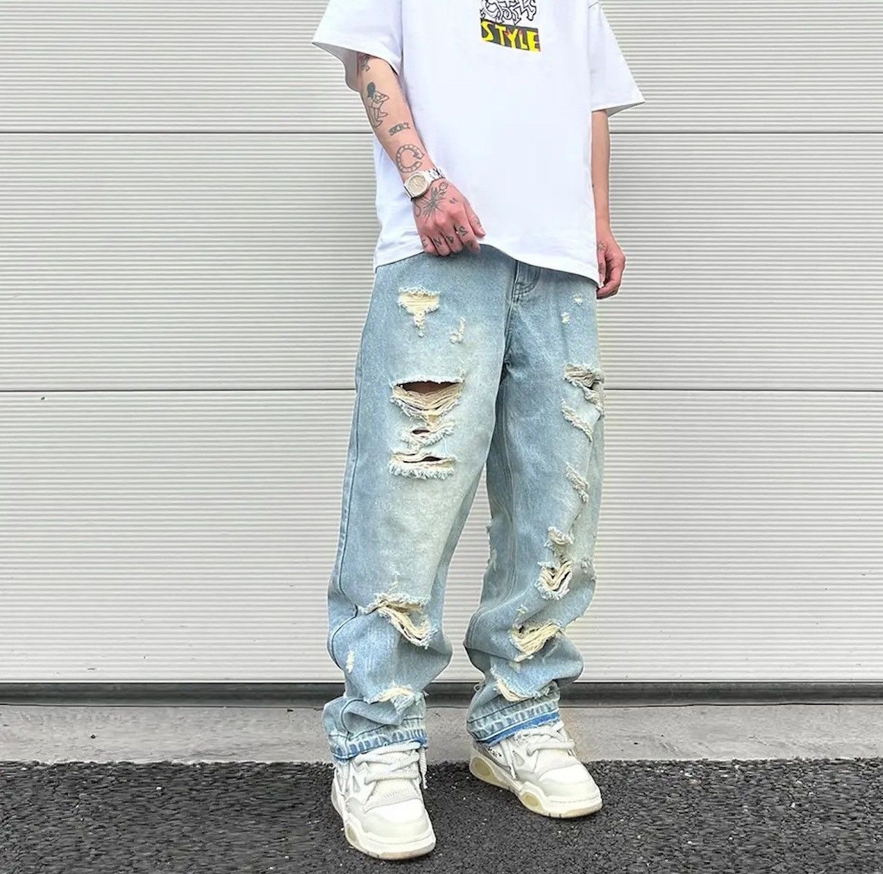 Washed Blue Oversized Torn Jeans