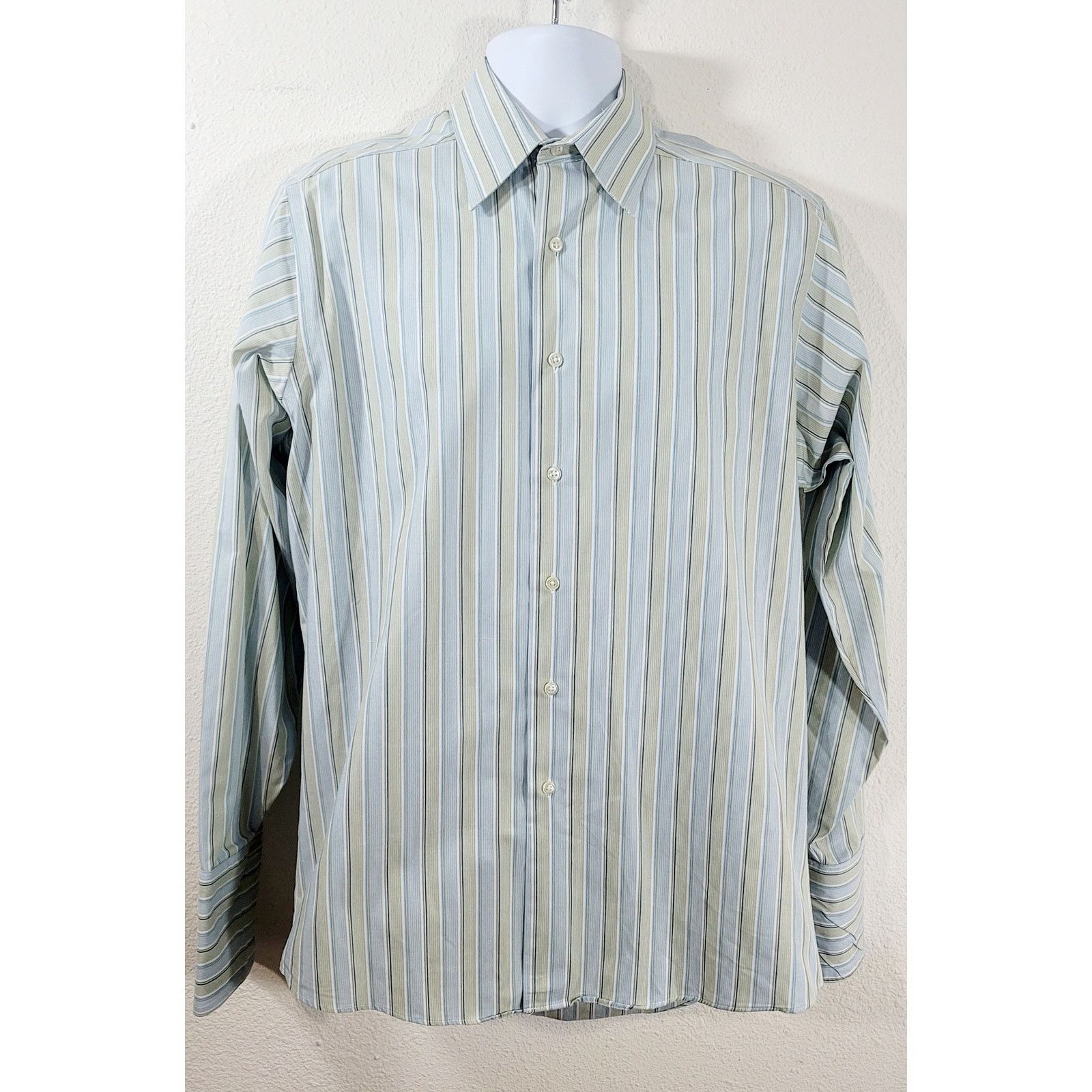 Geoffrey Beene Geoffrey Beene Green Striped Button Shirt Medium 15 15.5 34 Size US M / EU 48-50 / 2 - 1 Thumbnail