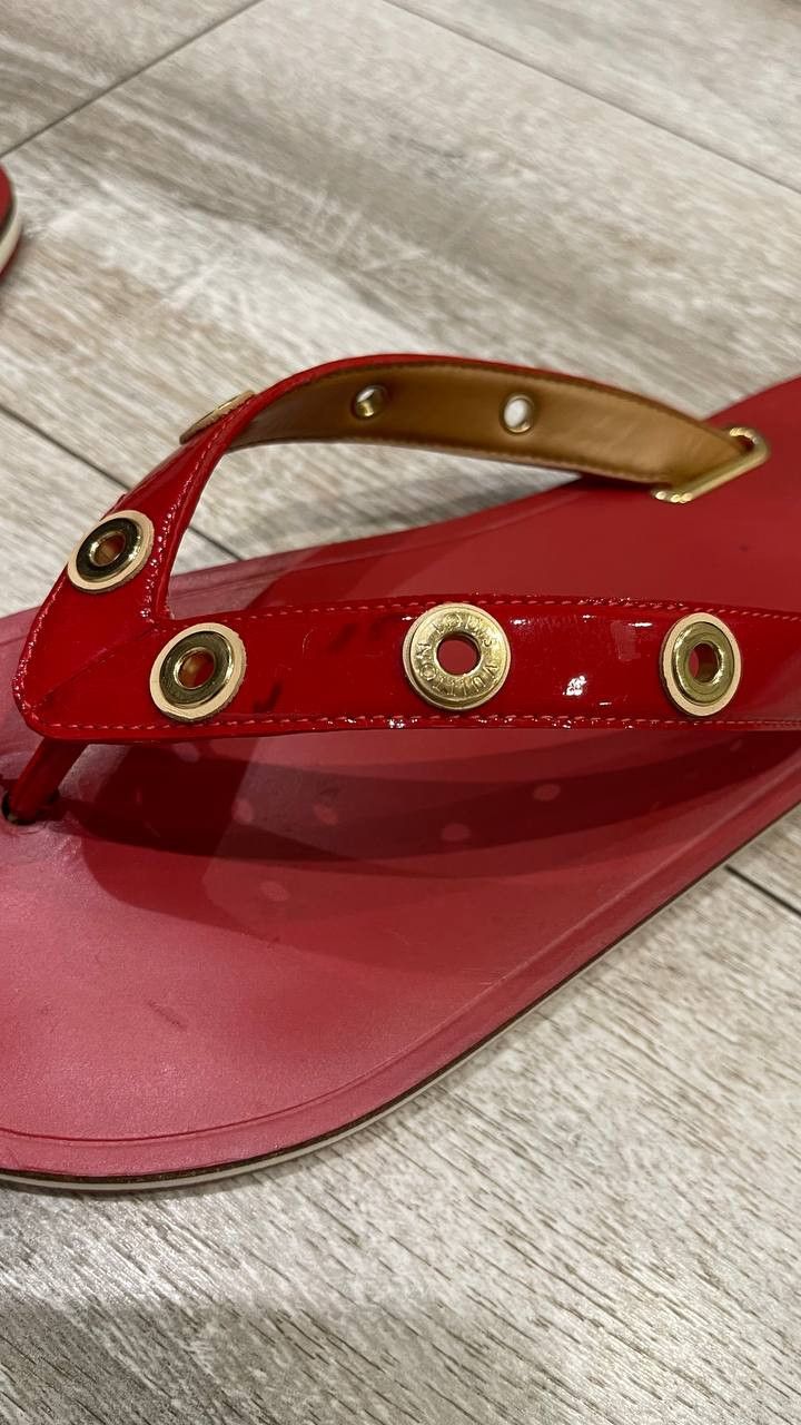 Louis Vuitton Louis Vuitton Red Leather Flip Flops Sandals Gold Studded Size US 10 / IT 40 - 3 Thumbnail