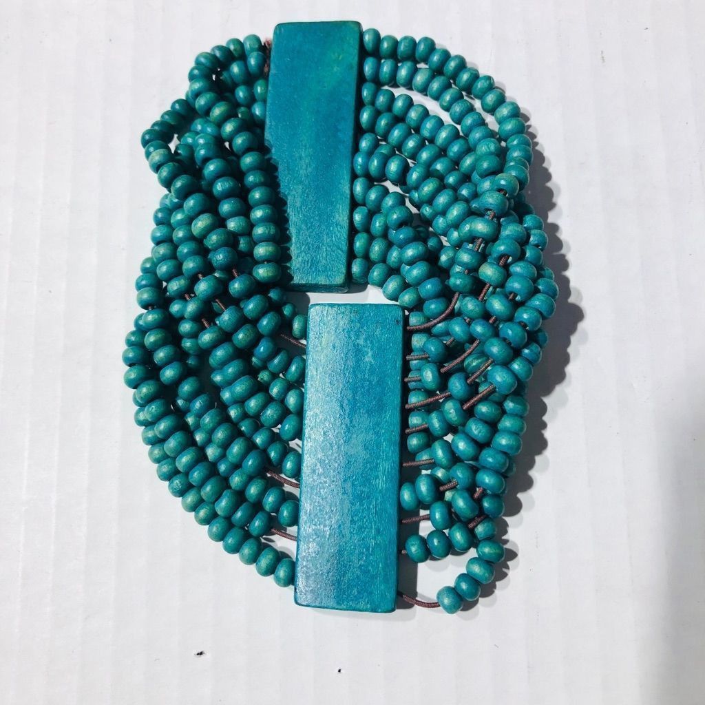 Vintage Vintage Wooden Necklace Bracelet Earrings Set Turquoise Blue Size ONE SIZE - 5 Thumbnail