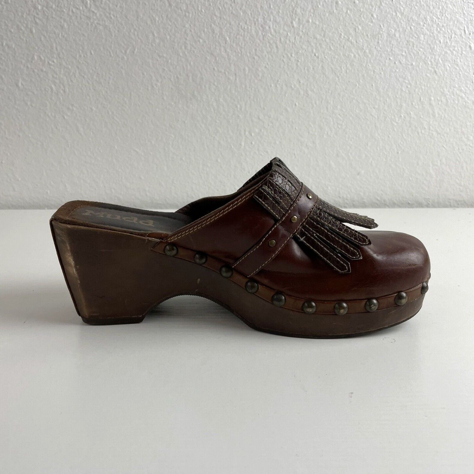 image of 90's Y2K Vintage Mudd Chunky Platform Mule Clogs 10 Faux Leather Fringe Studded in White, Women's