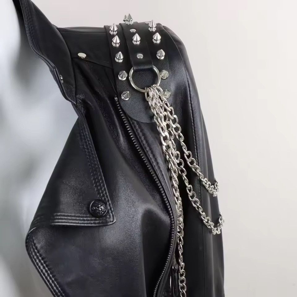 Japanese Brand Black PU Leather Spiked Shoulder Harness Epaulet Chain Size ONE SIZE - 2 Thumbnail