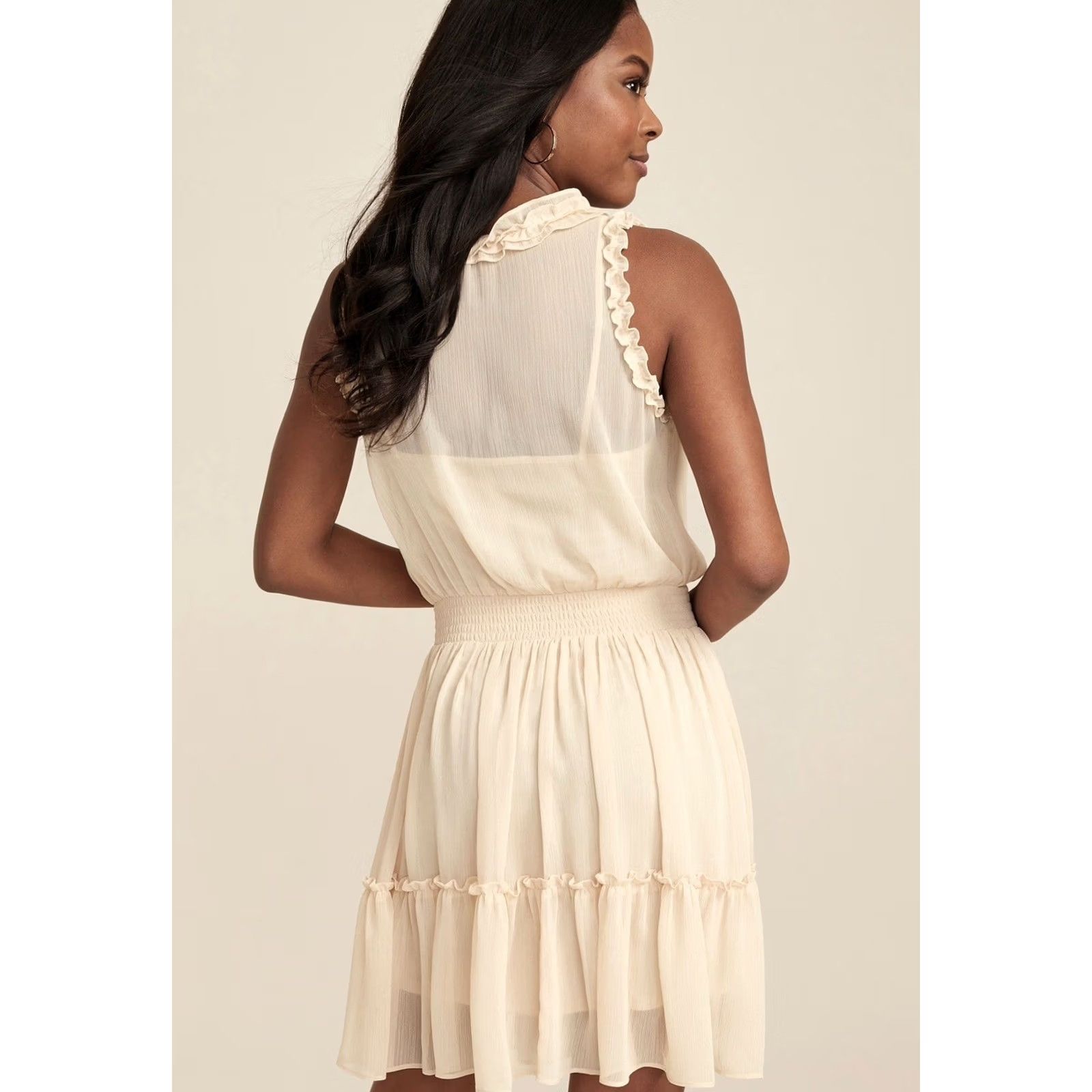 Vintage Maurices Women Beige Sheer Overlay Ruffle Trim V-Neck Sleeveless Skater Dress L Size L / US 10 / IT 46 - 2 Thumbnail