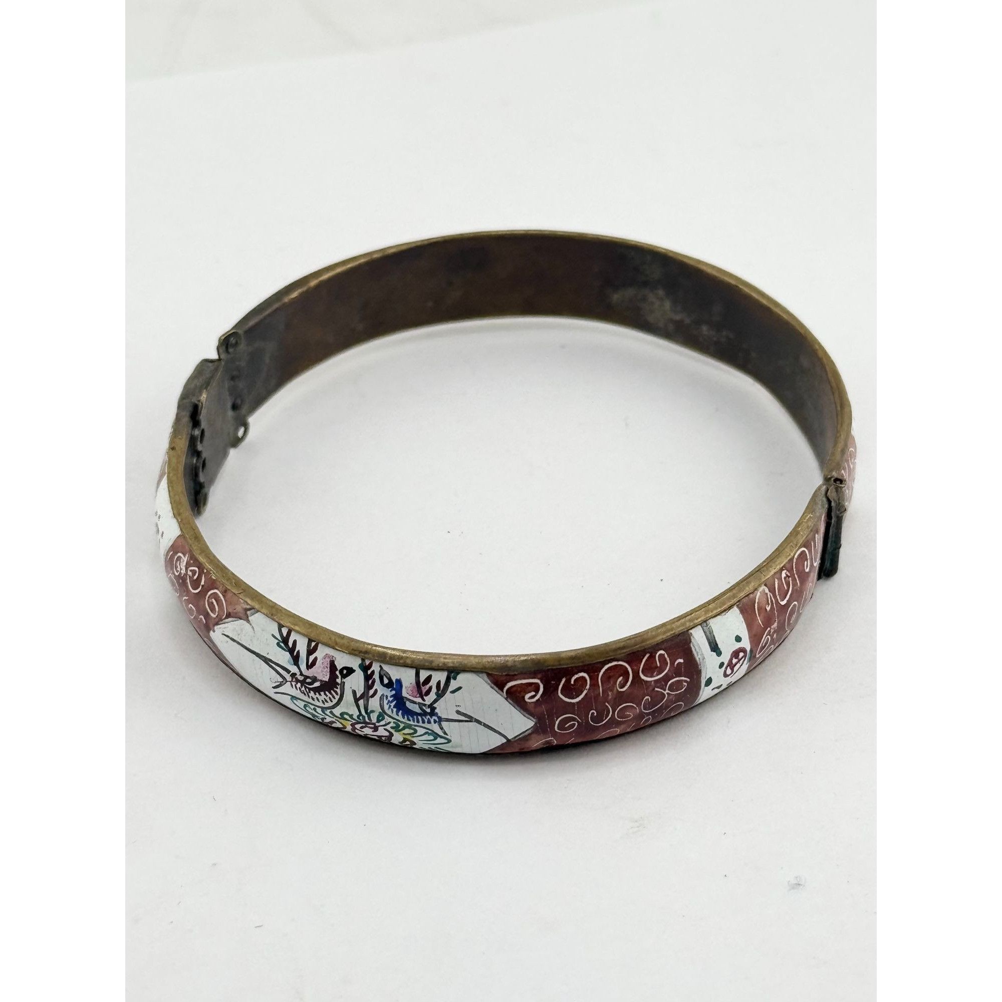 Vintage Estate Antique Hand Painted Enamel Bird & Flowers Hinged Ban Size ONE SIZE - 2 Thumbnail