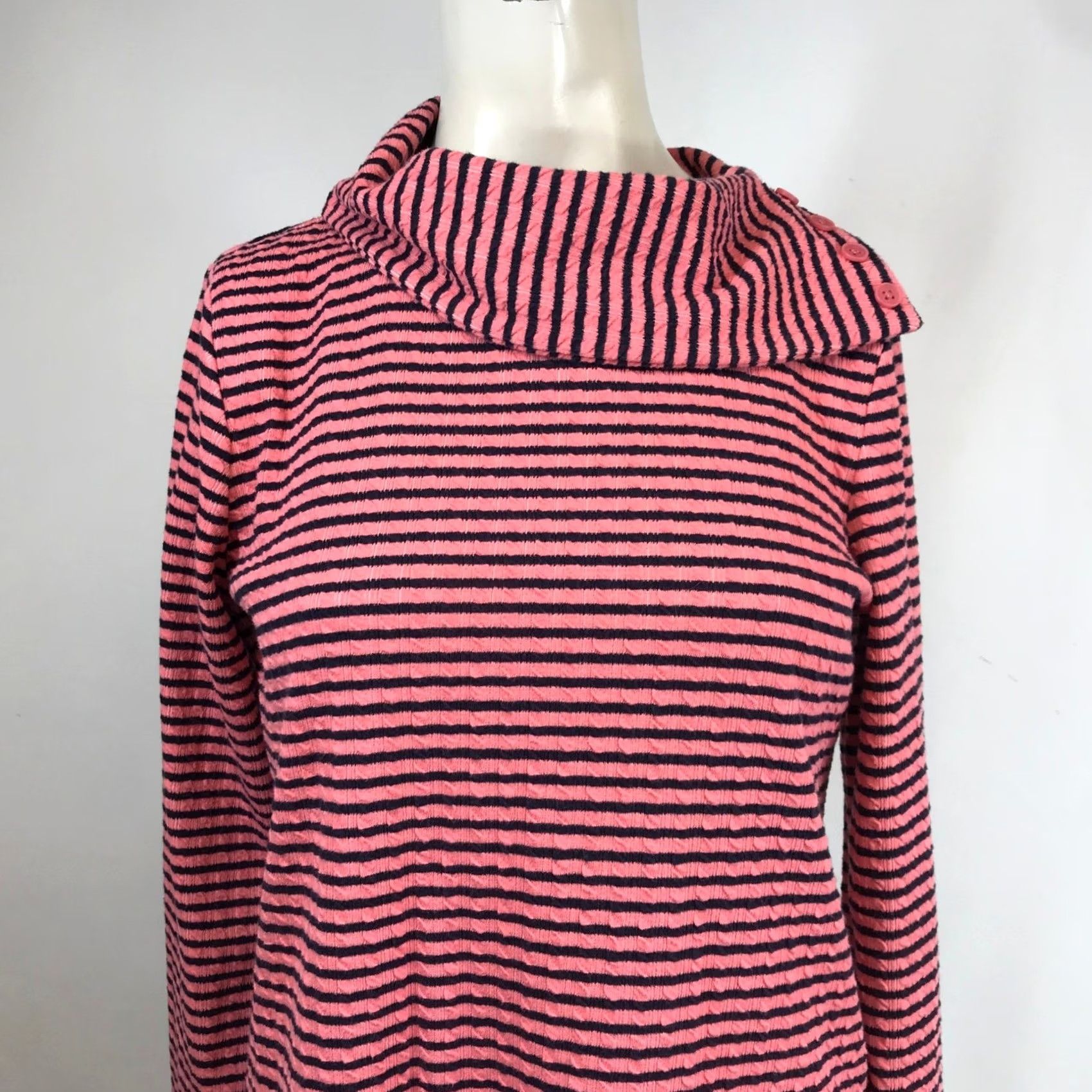 Talbots Talbots Womens Pink Navy Striped Textured Funnel Neck Button Top Size S Size S / US 4 / IT 40 - 2 Thumbnail