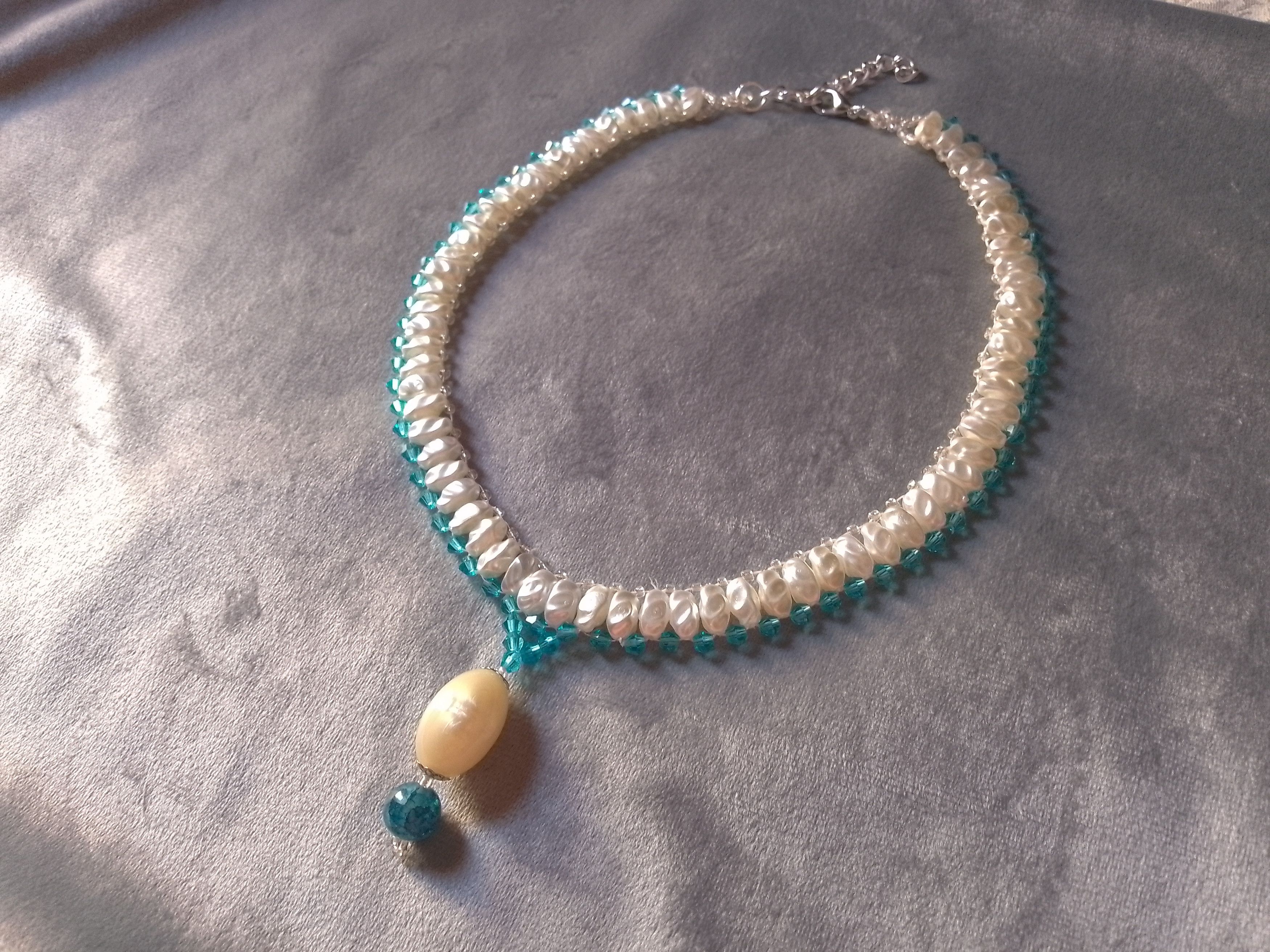 Handmade Elegant necklace Faux River Ivory Pearls Blue Crystals Size ONE SIZE - 5 Thumbnail