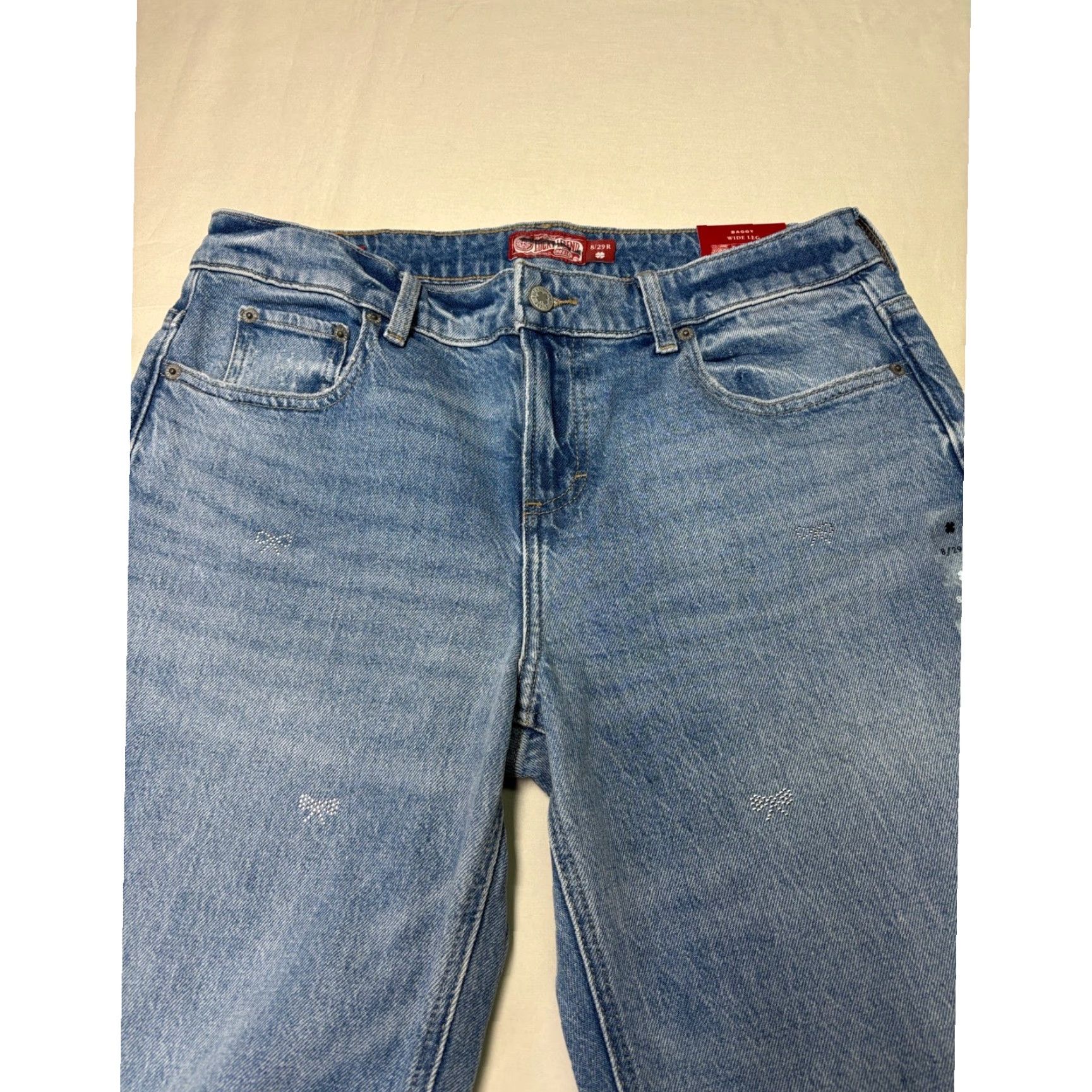 Lucky Brand NWT Lucky Brand Lucky Legend Baggy Wide-Leg Jeans Blue 29 32W 31Inseam Embroidered Bow 5-Pocket Denim Jeans Womens behouden Size 29" - 2 Thumbnail