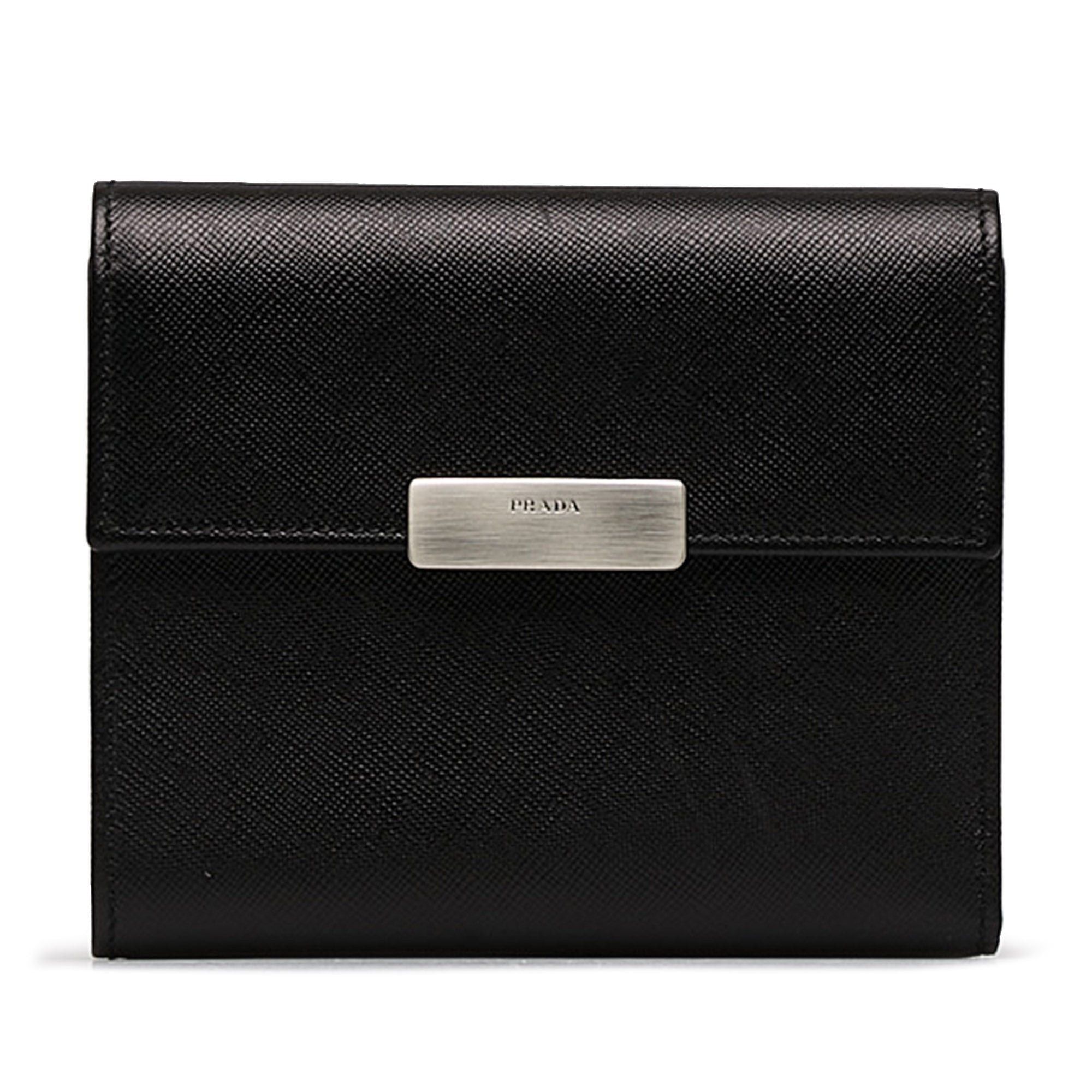 image of Prada Saffiano Tri-Fold Wallet Small Wallets in Black, Women's