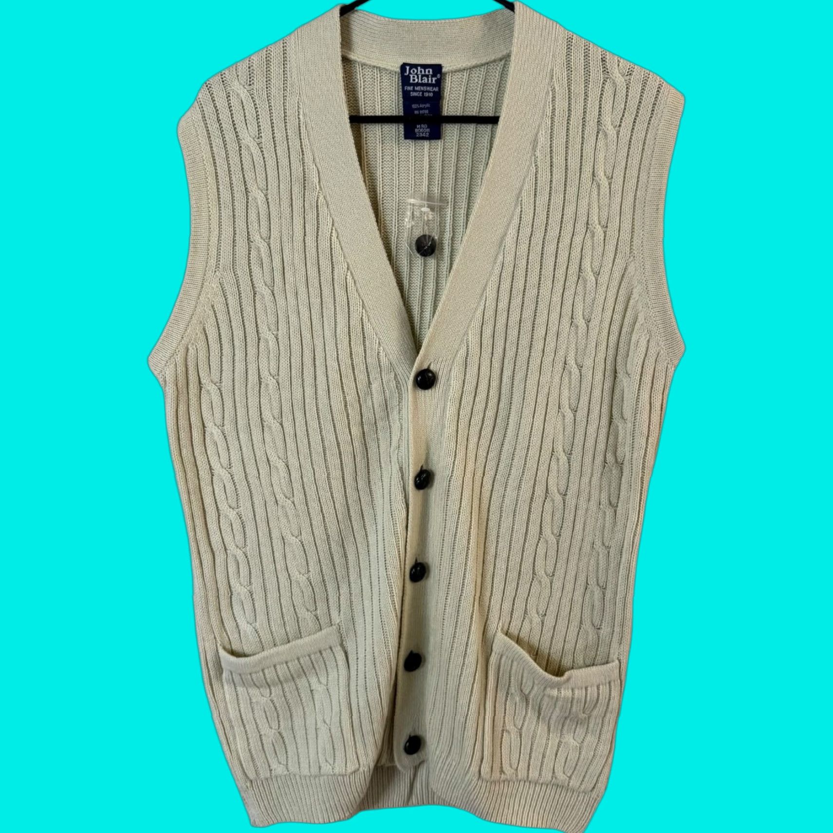 Blair VINTAGE John Blair Cable Knit Sweater Vest Button-Up V-Neck Cream Men's Medium Size US M / EU 48-50 / 2 - 1 Thumbnail