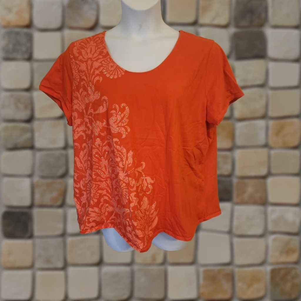Vintage St Johns Bay Orange Floral Rhinestone Short Sleeve Shirt 3X Plus Top Women Size XXL / US 16-18 / IT 52-54 - 1 Thumbnail
