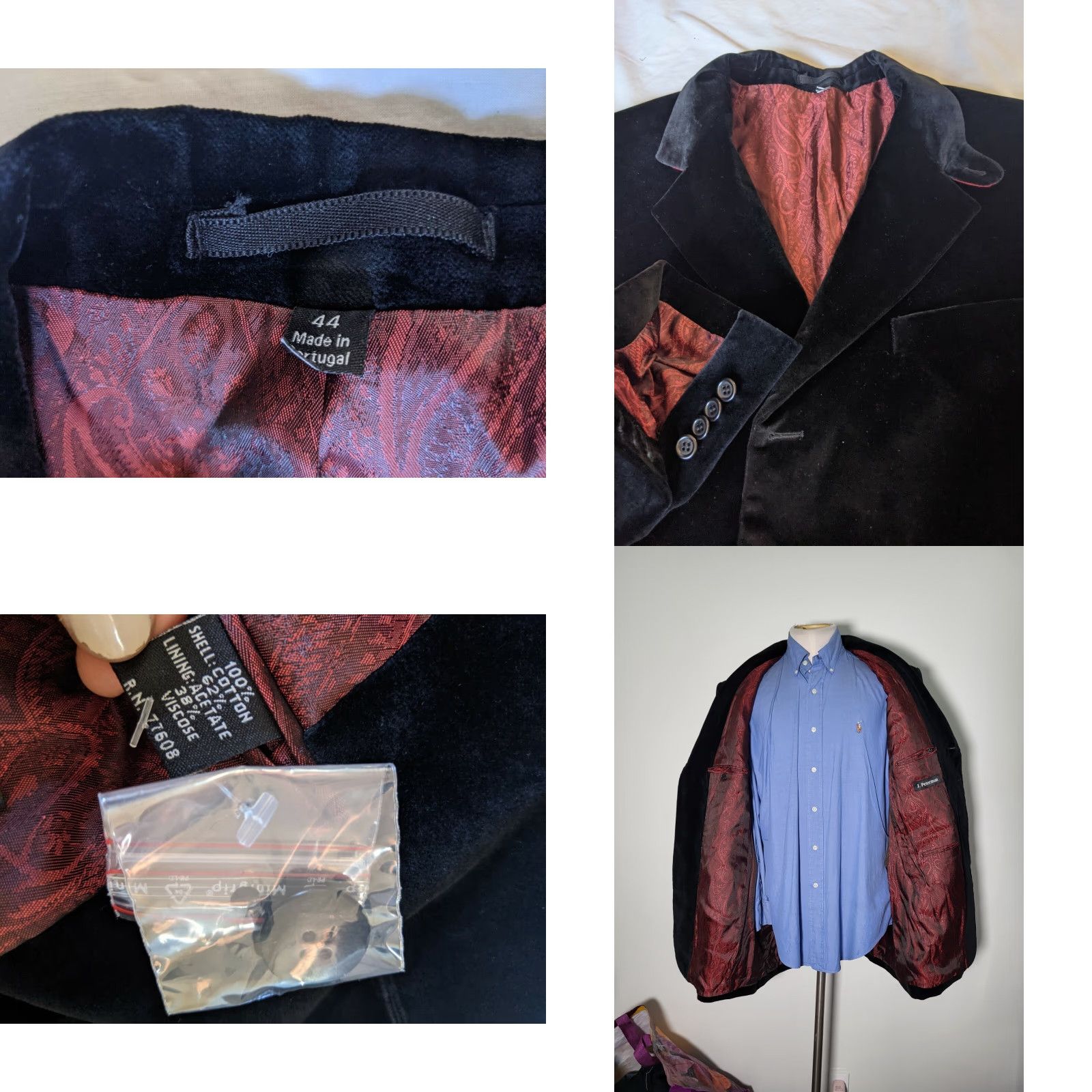 Velour VINTAGE J. PETERMAN Blk red Steampunk Frock velour velvet Blazer Coat Jacket Men 44R Size 44R - 8 Thumbnail