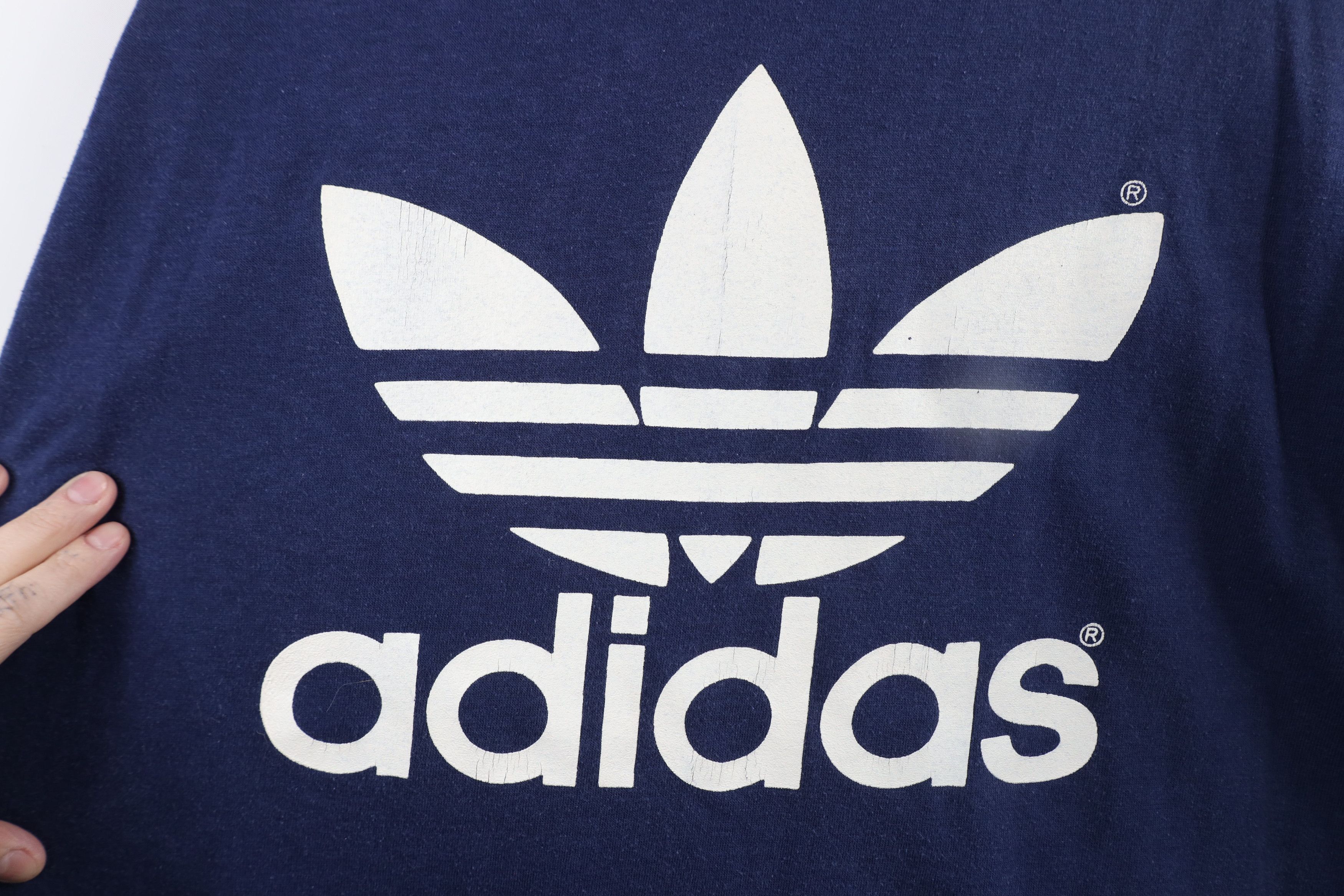Adidas × Vintage Vintage 70s Adidas Spell Big Logo Trefoil T-Shirt Blue USA Size US L / EU 52-54 / 3 - 12 Thumbnail