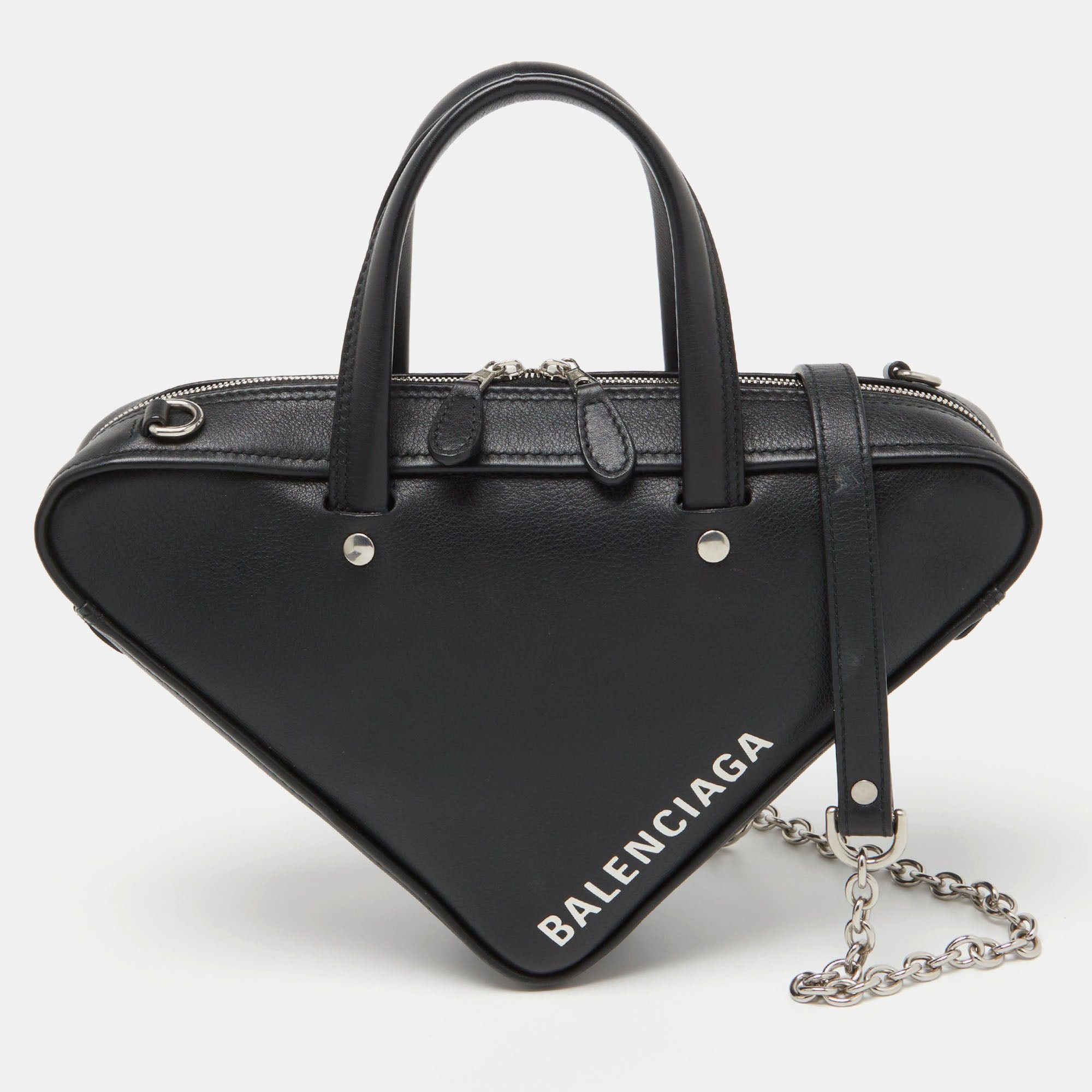 image of Balenciaga Black Leather Xs Triangle Duffle Bag, Women's