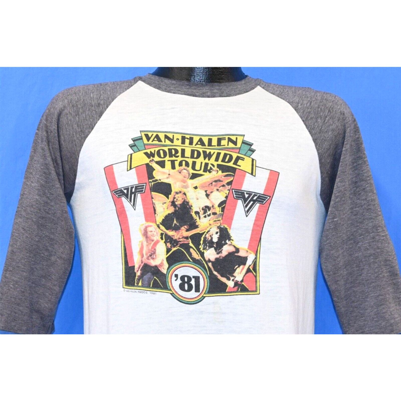 image of Vintage VTG 80's Van Halen Worldwide Tour '81 Rock Concert Raglan 3/4 Slv Soft T-Shirt S in White (