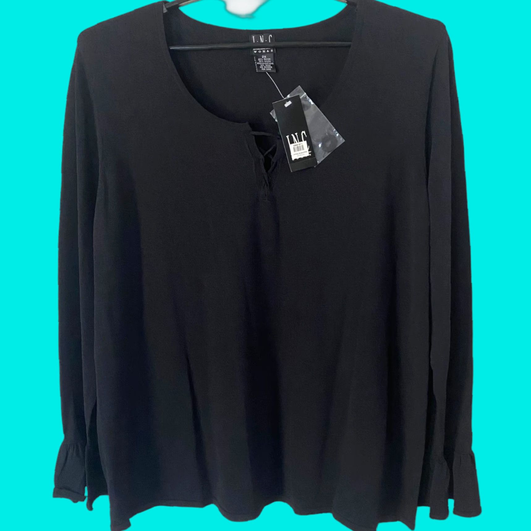 Vintage VINTAGE I.N.C. International Concepts Black Ruffled Criss Cross Blouse Plus Size 2X Long Sleeve Women's Classic Size XXL / US 16-18 / IT 52-54 - 1 Thumbnail
