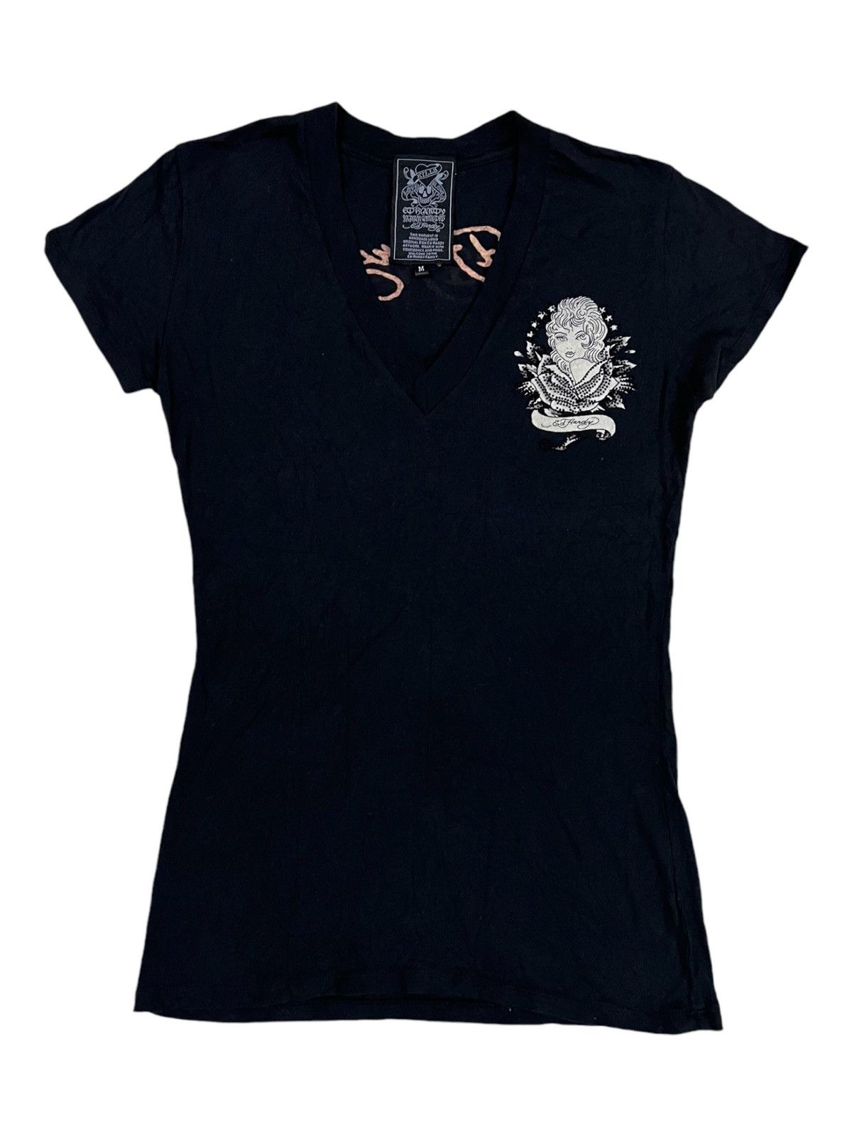 Christian Audigier Y2K Ed Hardy 🇯🇵 Limited Girl Print Swarovski V Neck Shirt Size M / US 6-8 / IT 42-44 - 1 Thumbnail