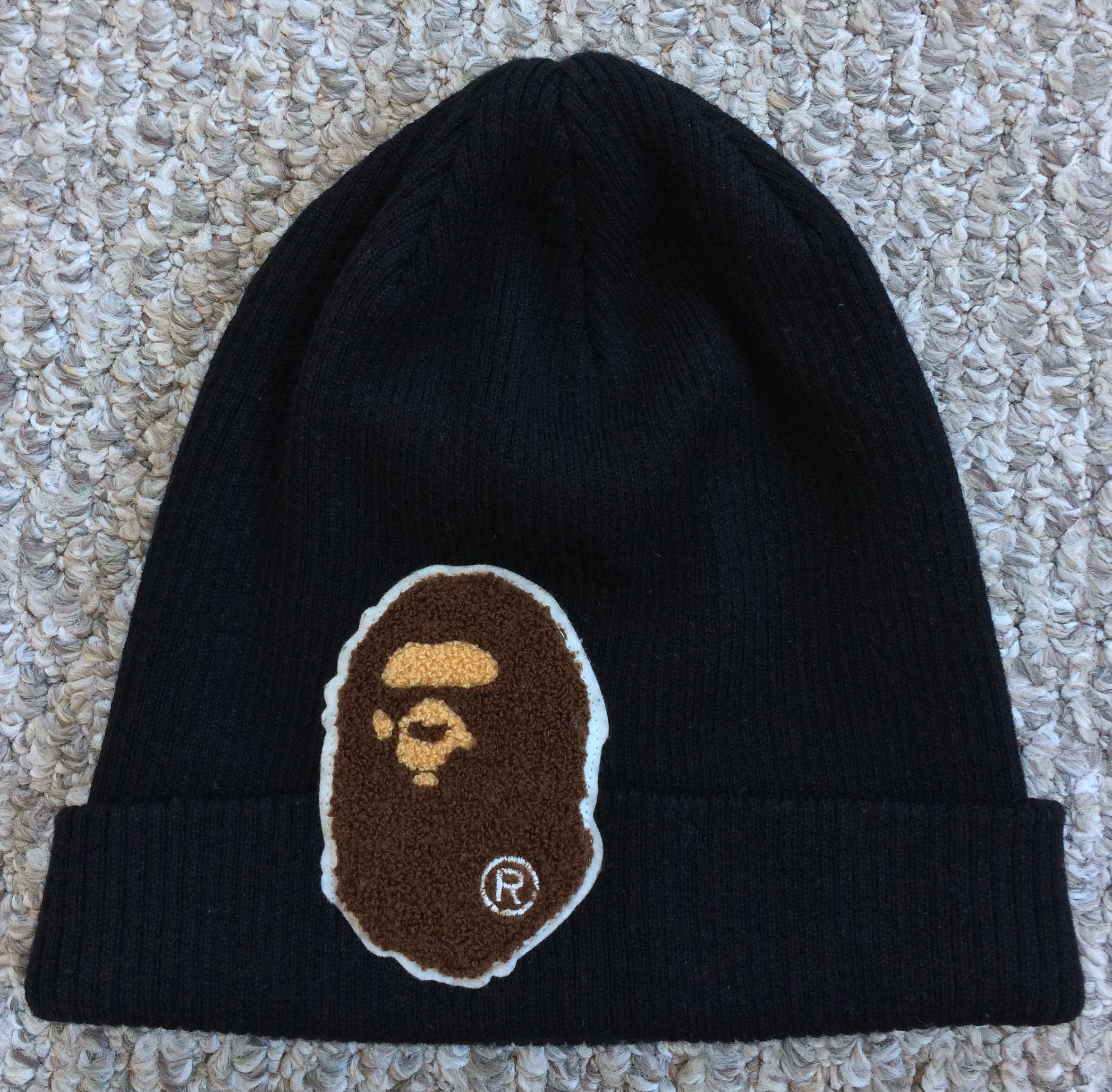 image of Bape Ape Head Embroidered Patch Beanie in Black, Men's