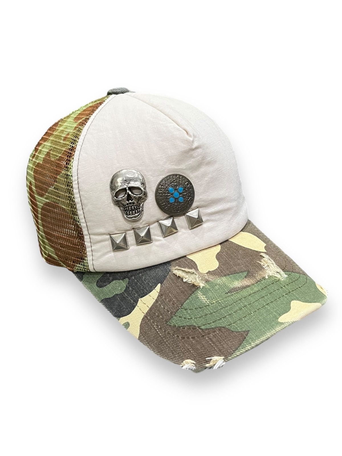 image of Skulls x Trucker Hat Fyevtg Studded Skull Distressed Army Camouflage Trucker Hat in Green Camouflag