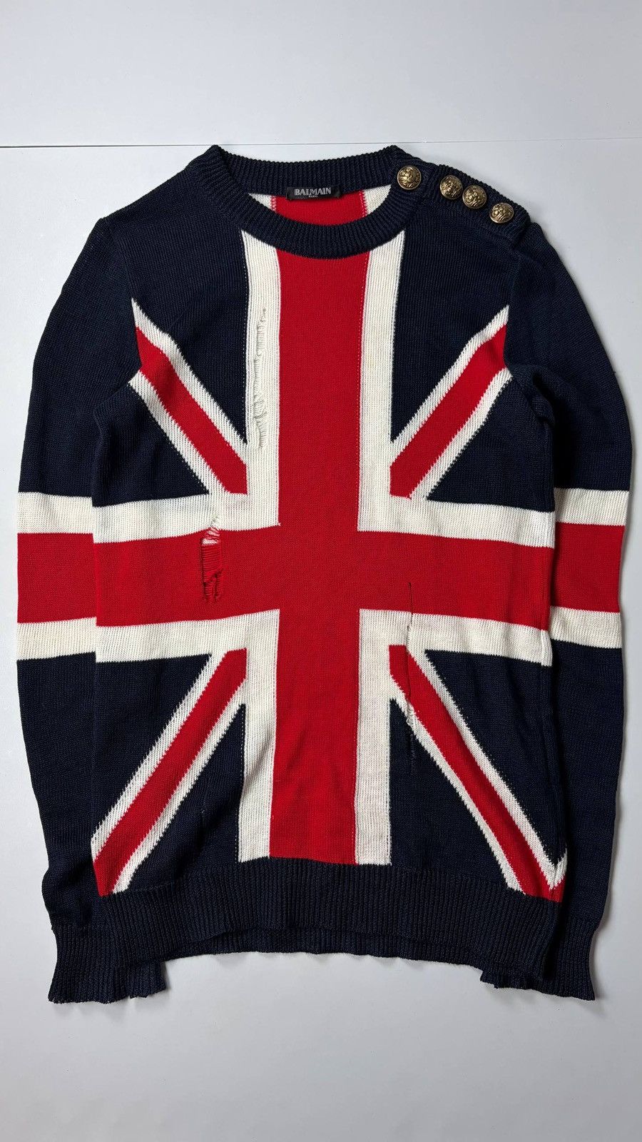 Balmain 2016 BALMAIN runway distressed Union Jack knit sweater Size US S / EU 44-46 / 1 - 3 Thumbnail
